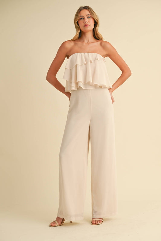 IJP3029 CHIFFON RUFFLES TUBE JUMPSUIT: CREAM / S