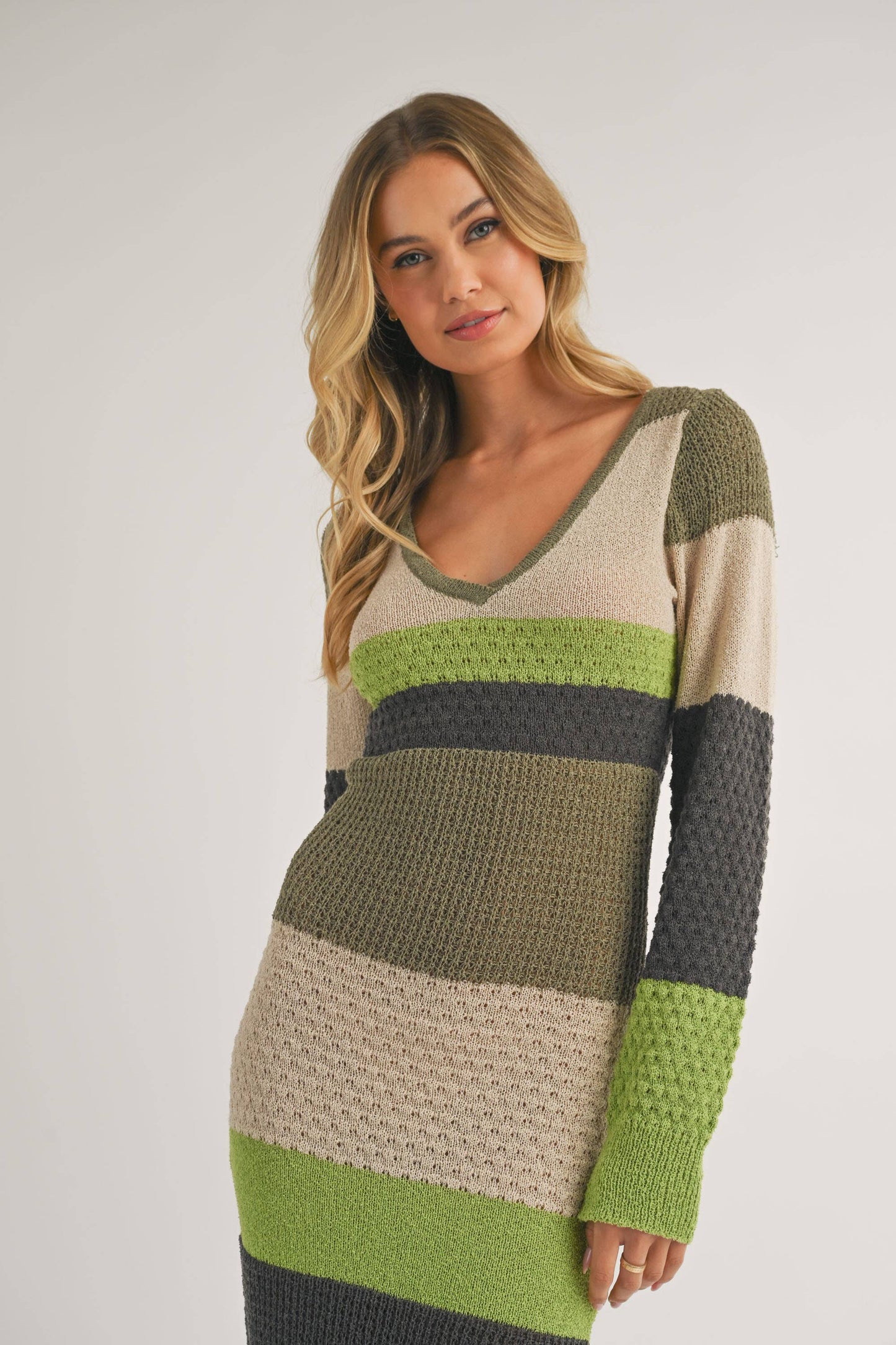 ID7261 - LONG SLEEVE COLORBLOCK SWEATER BODYCON MIDI DRESS: BROWN MULTI / L