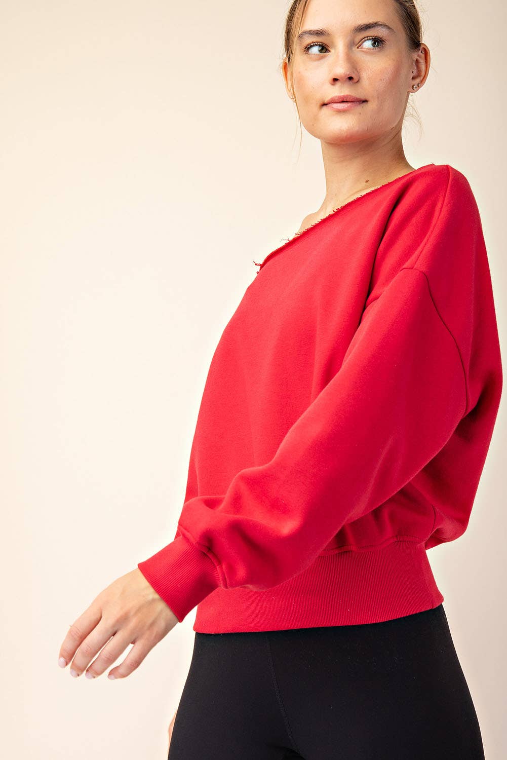 FRENCH TERRY FLEECE OFF SHOULDER SWEATSHIRT: Eucalyptus / S-M-L(2-2-2)