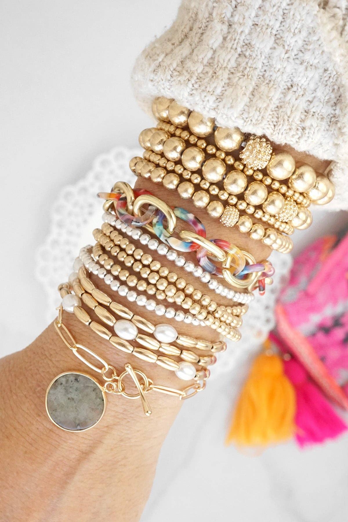 Small ball beads bracelet stack of 5 bracelets Gold Silver