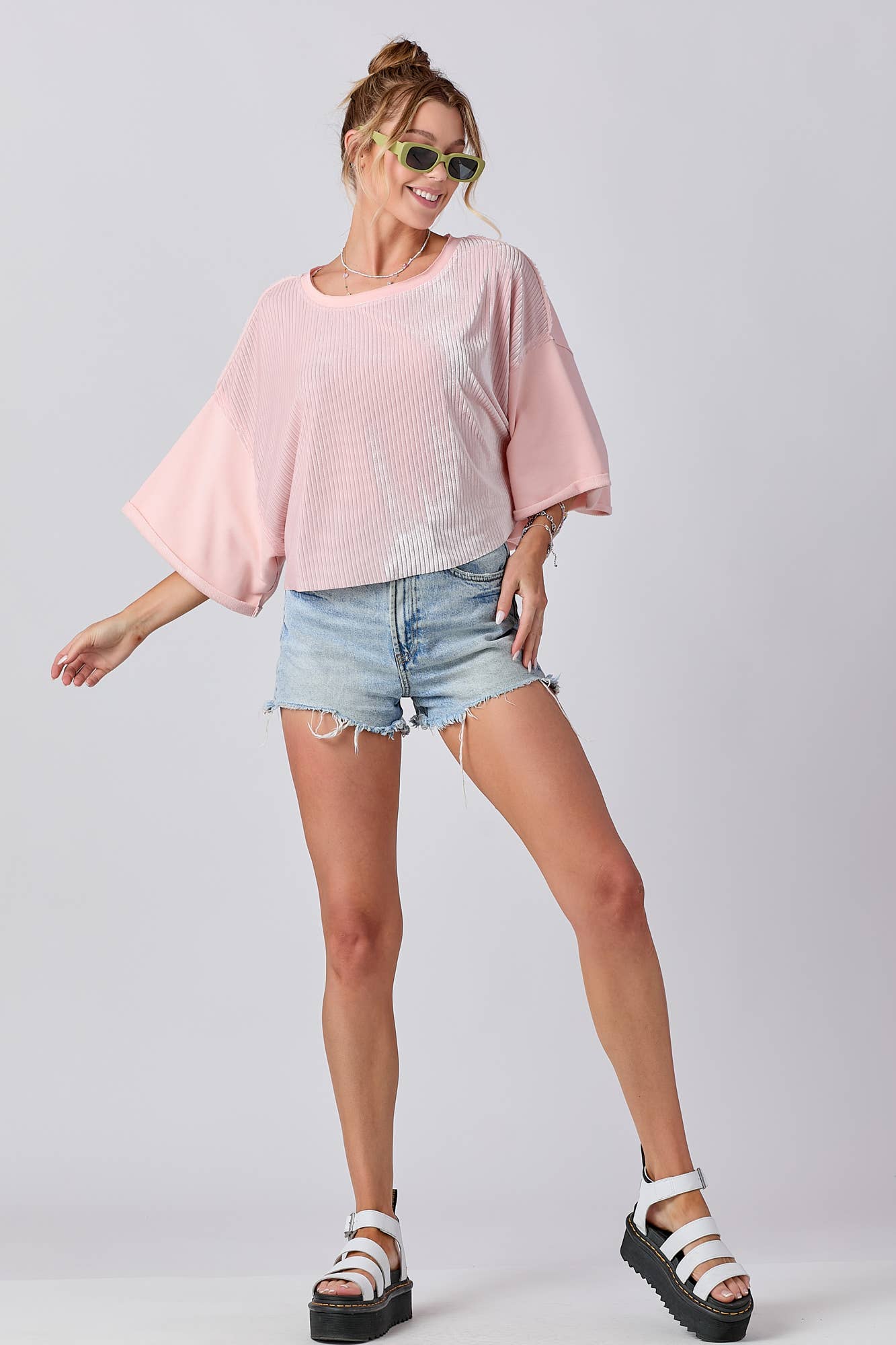 Mixed Fabric Round Neck Knit Top: IVORY / S