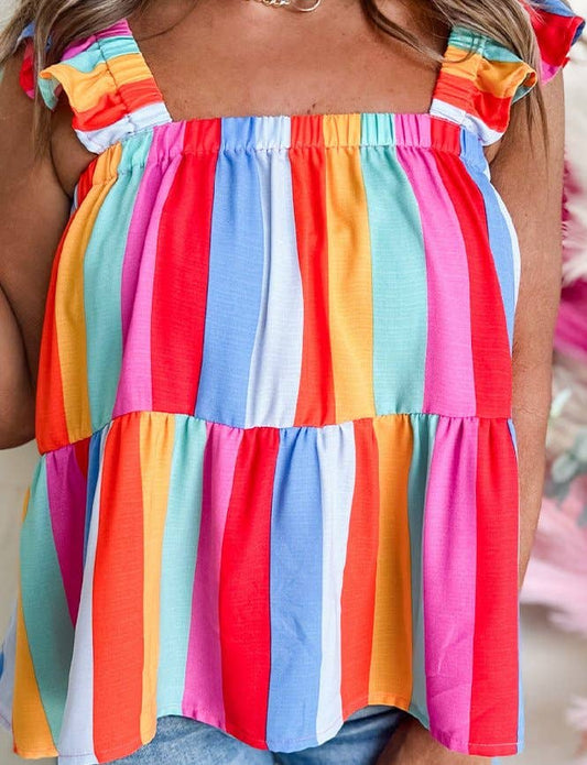 Stripe Ruffled Straps Babydoll Tank Top: MULTI / M