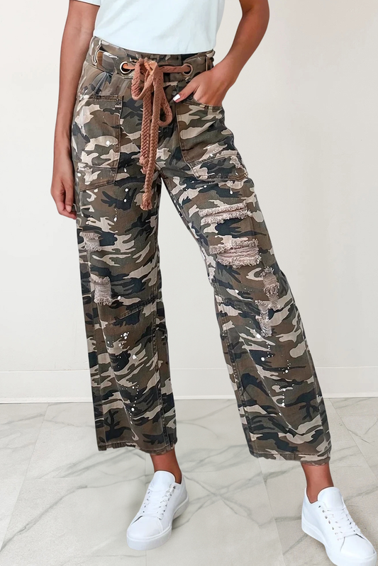Camo Braided Rope Tie Waist Distressed Pants | 4-16: Green / 10