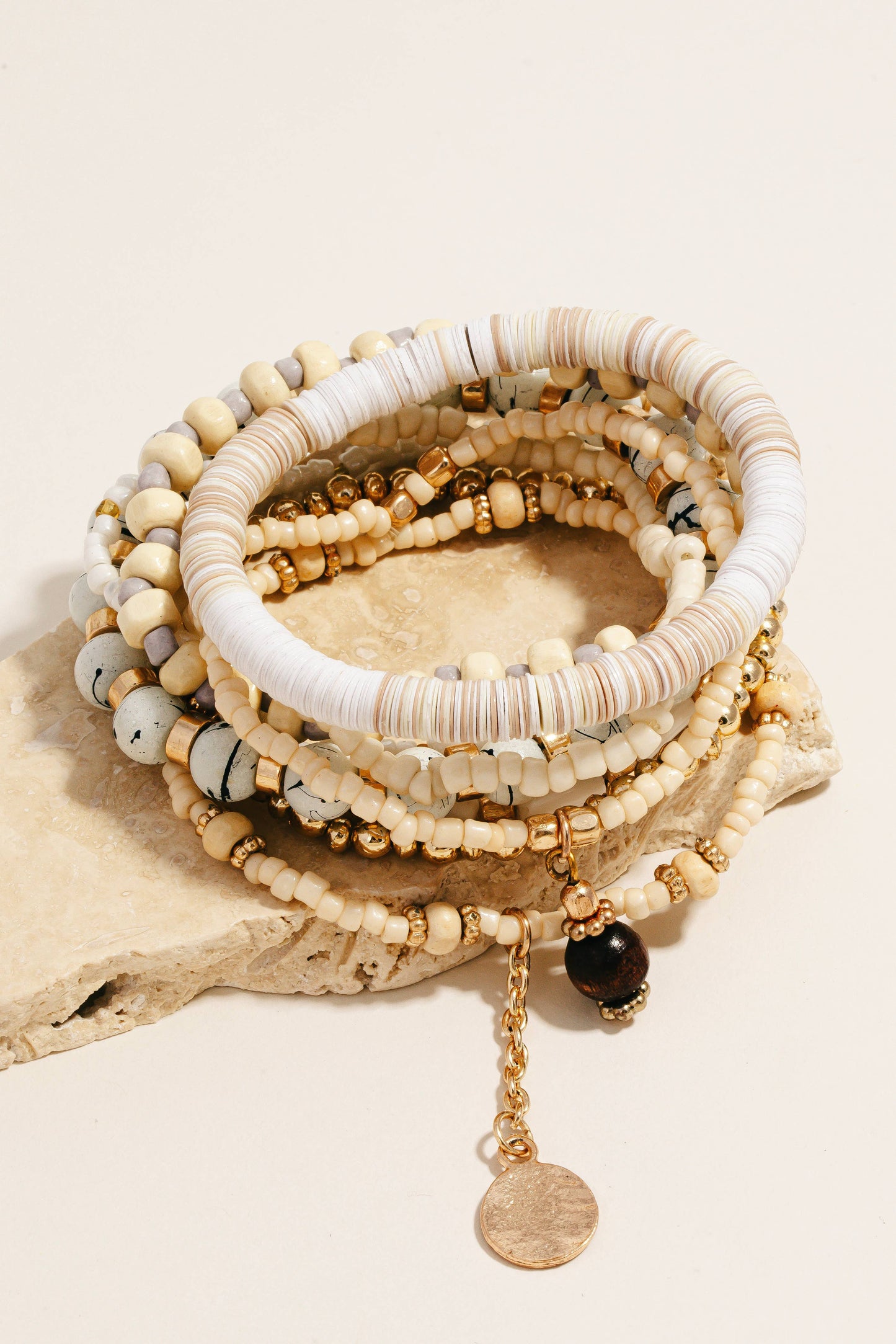 Multi Disc Stone Bead Stretch Bracelet Set: WHITE