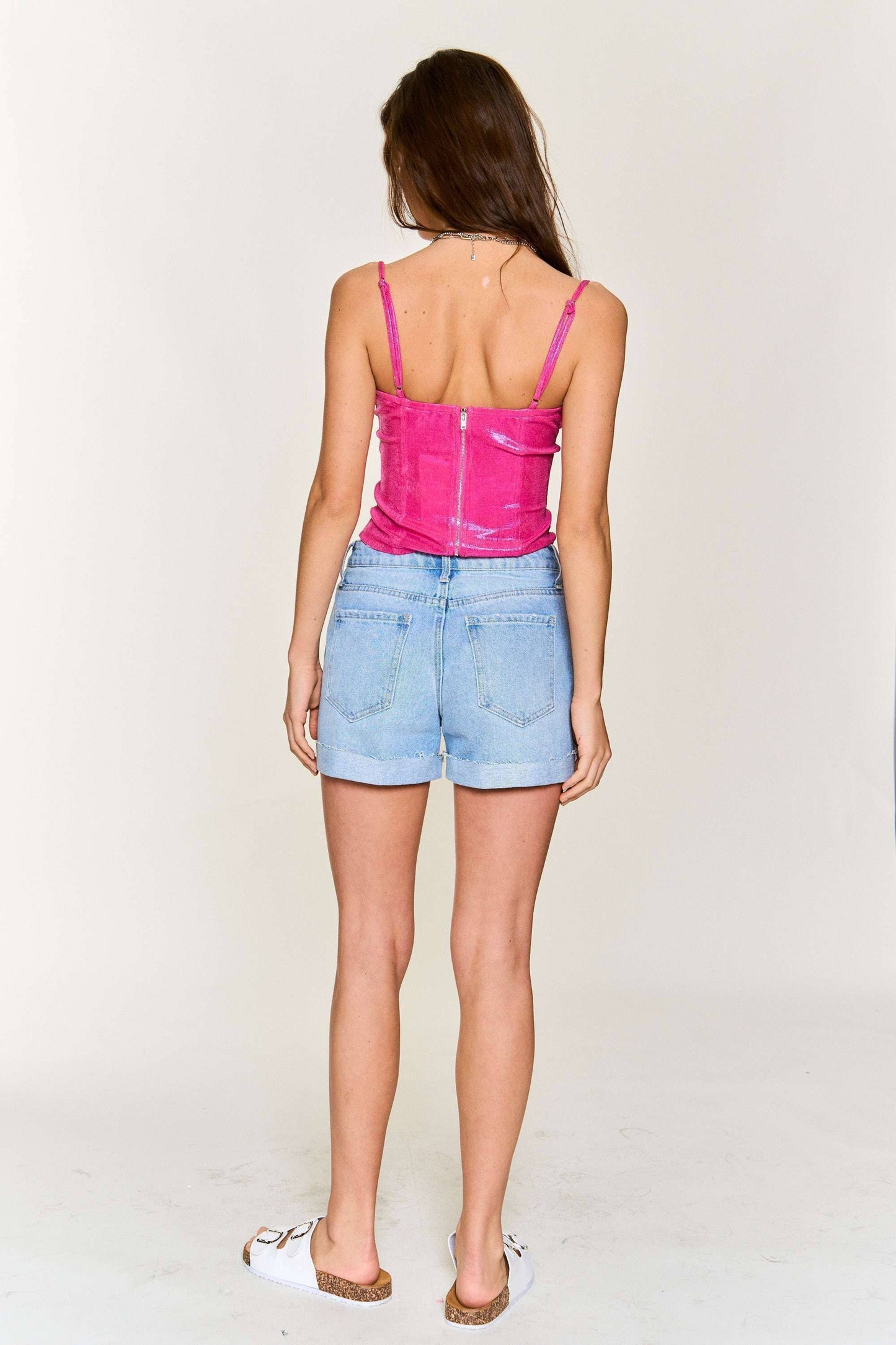 FOILED CAMI CORSET TOP WITH SPAGHETTI STRAP: COPPER / L