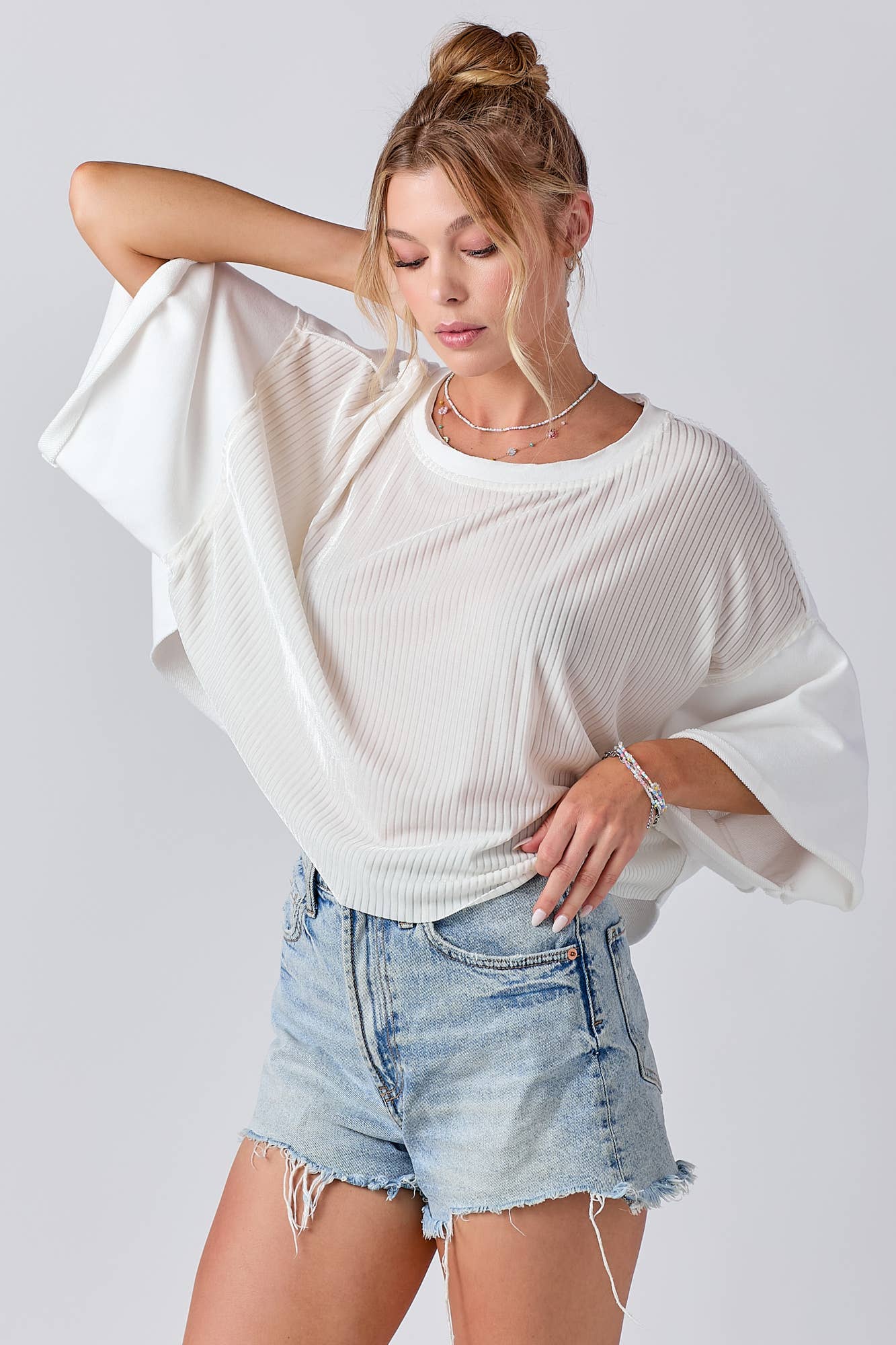 Mixed Fabric Round Neck Knit Top: PINK / L