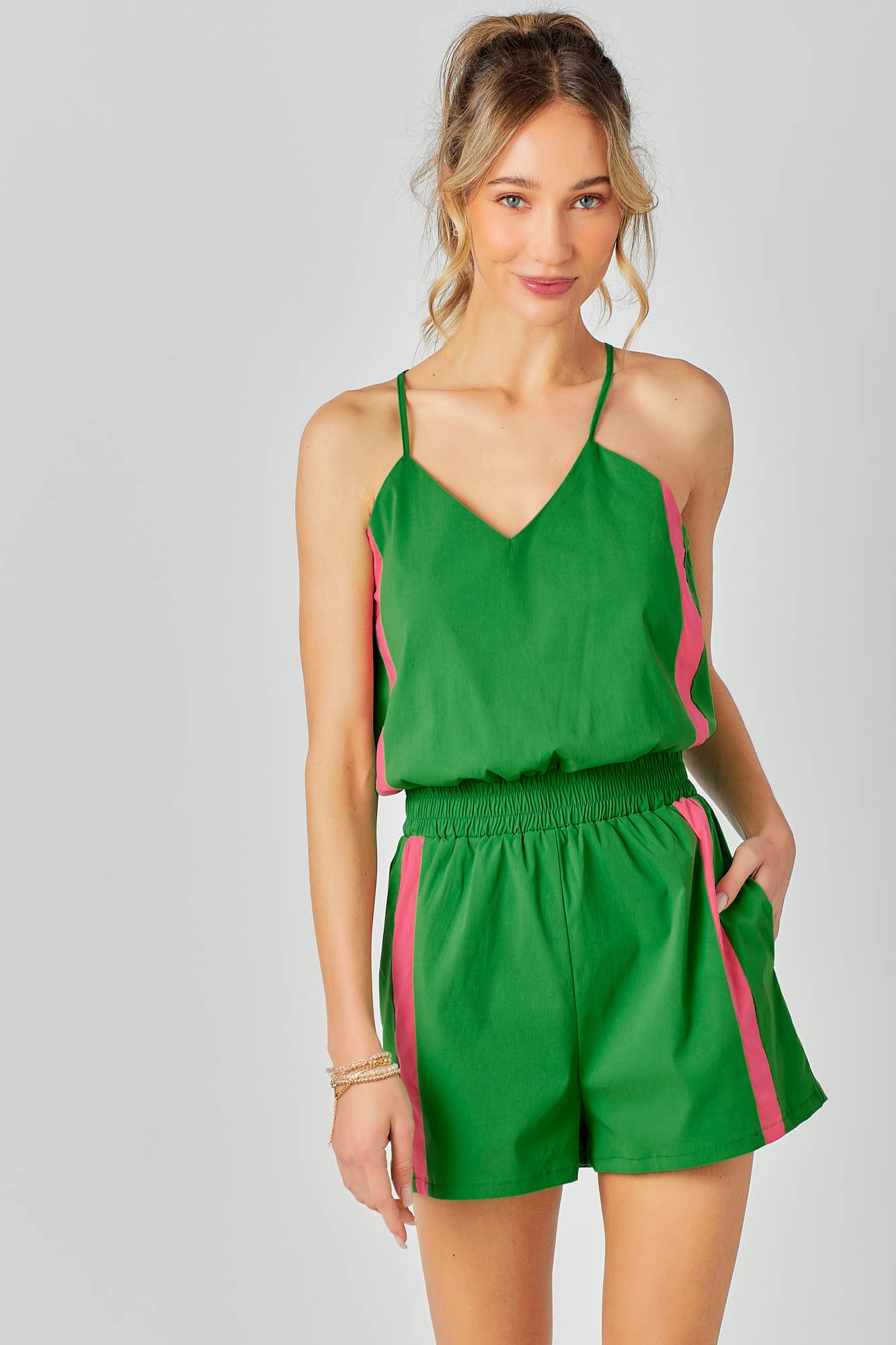 Side Striped Track Romper: ROYAL/WHITE / L