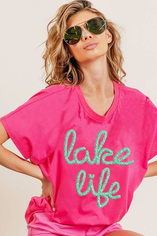 Metallic Letter Short Dolman Sleeve Top: TURQUOISE / 2-2-2-2 (S-M-L-XL)