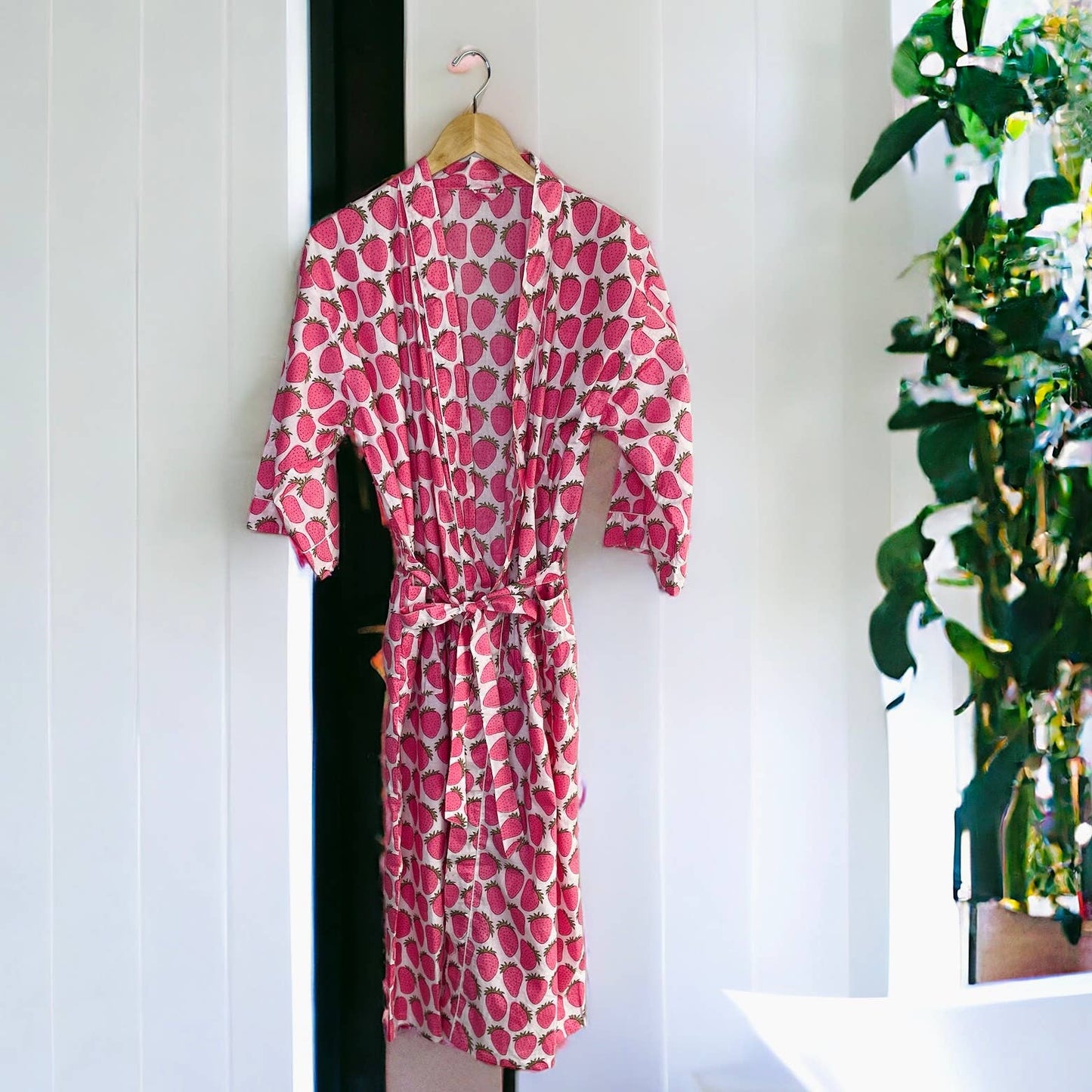 Women's Cotton Kimono Robe | Block Printed | Strawberry