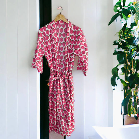 Women's Cotton Kimono Robe | Block Printed | Strawberry