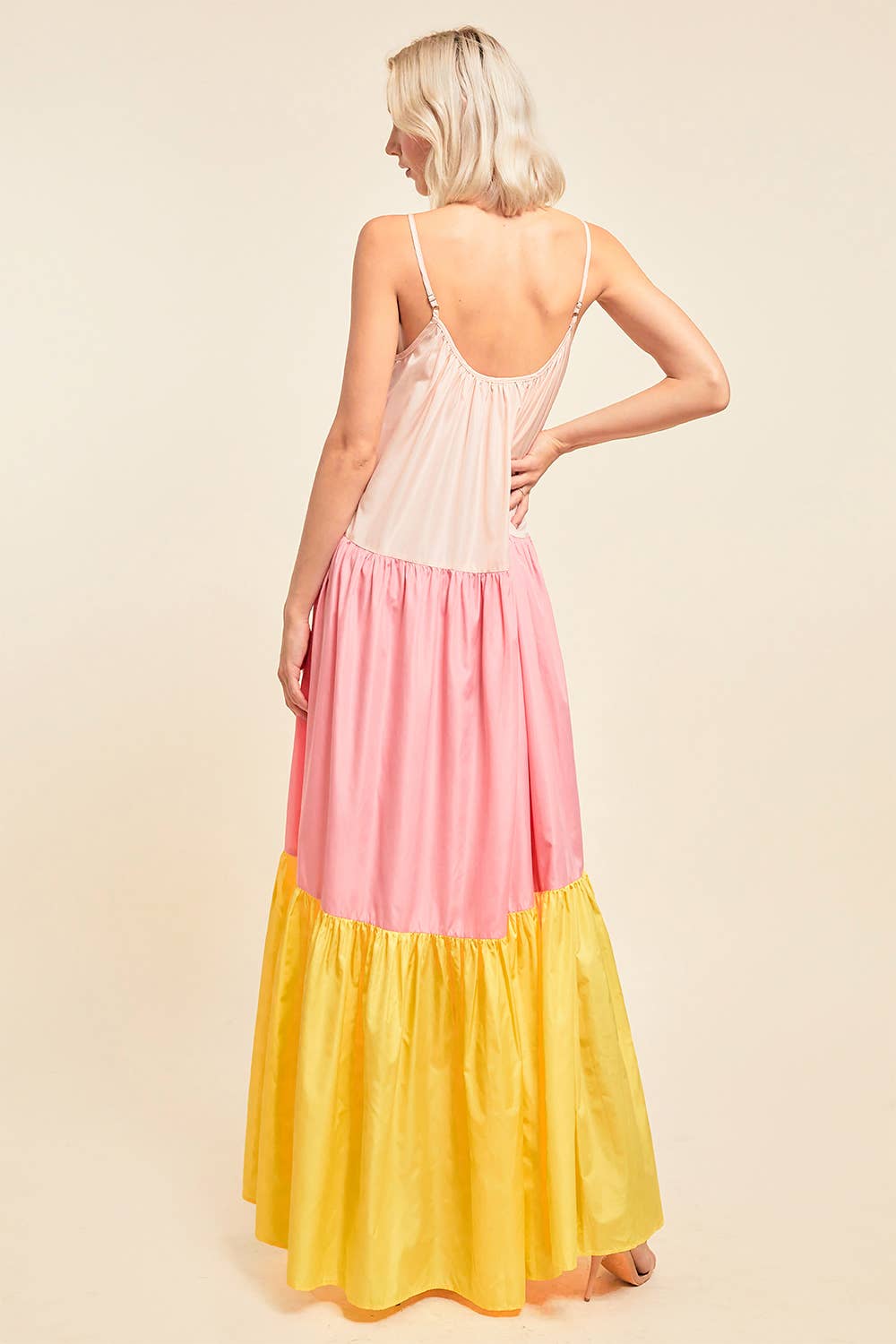 COLOR BLOCK MAXI DRESS WITH POCKETS: YELLOW/PINK