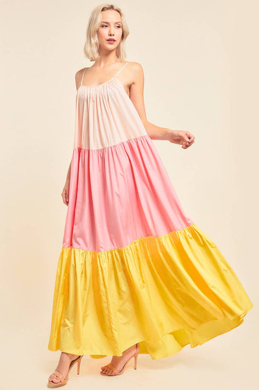 COLOR BLOCK MAXI DRESS WITH POCKETS: YELLOW/PINK
