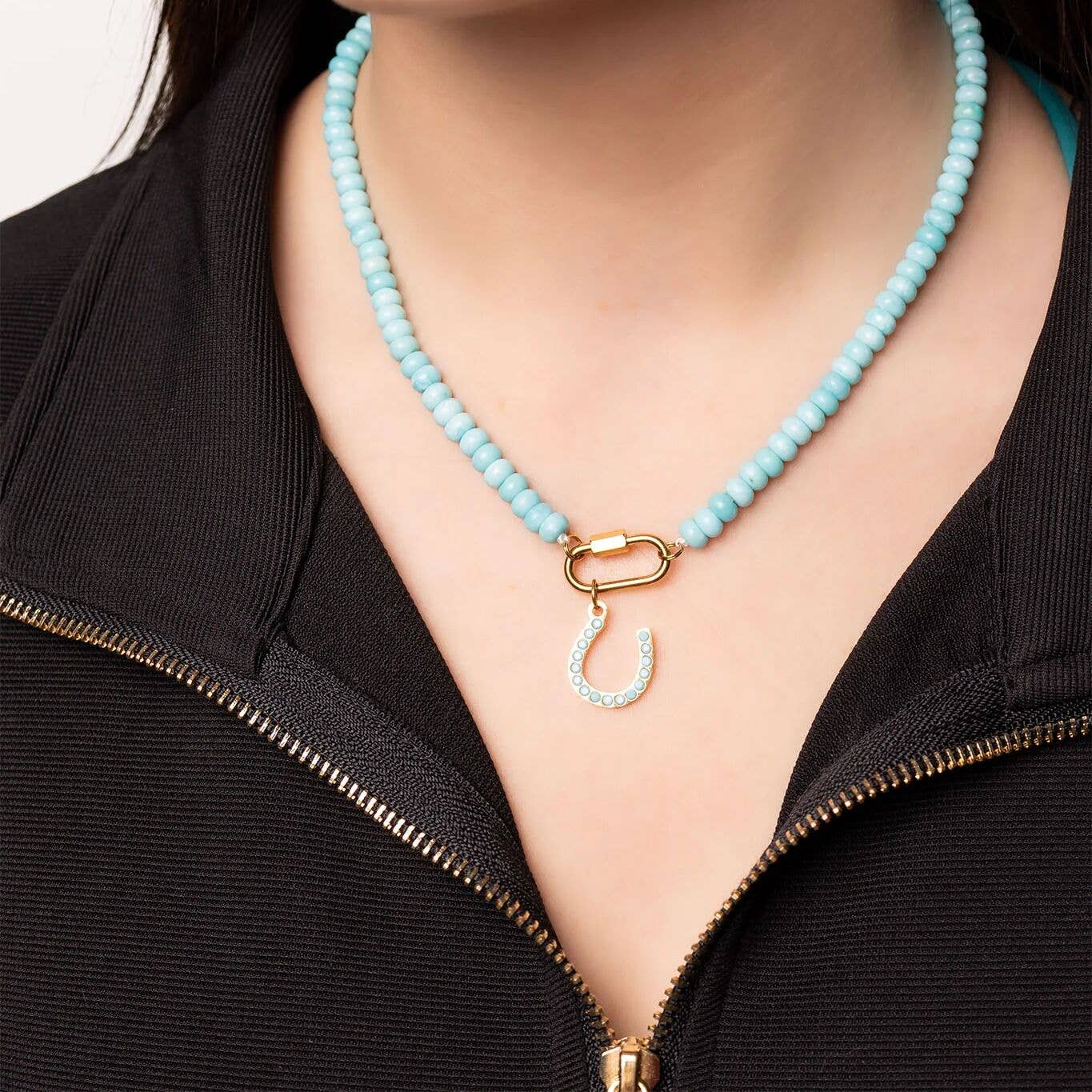 Stainless Steel Turquoise Chunky Bead Carabiner Necklace: Gold