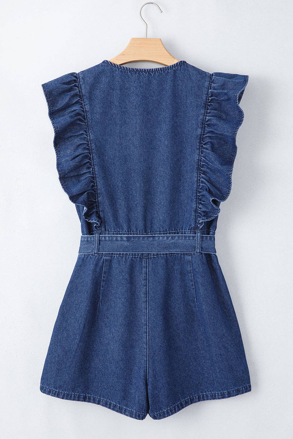 Denim Ruffle Belted Zip-Up Romper: Sail Blue / S
