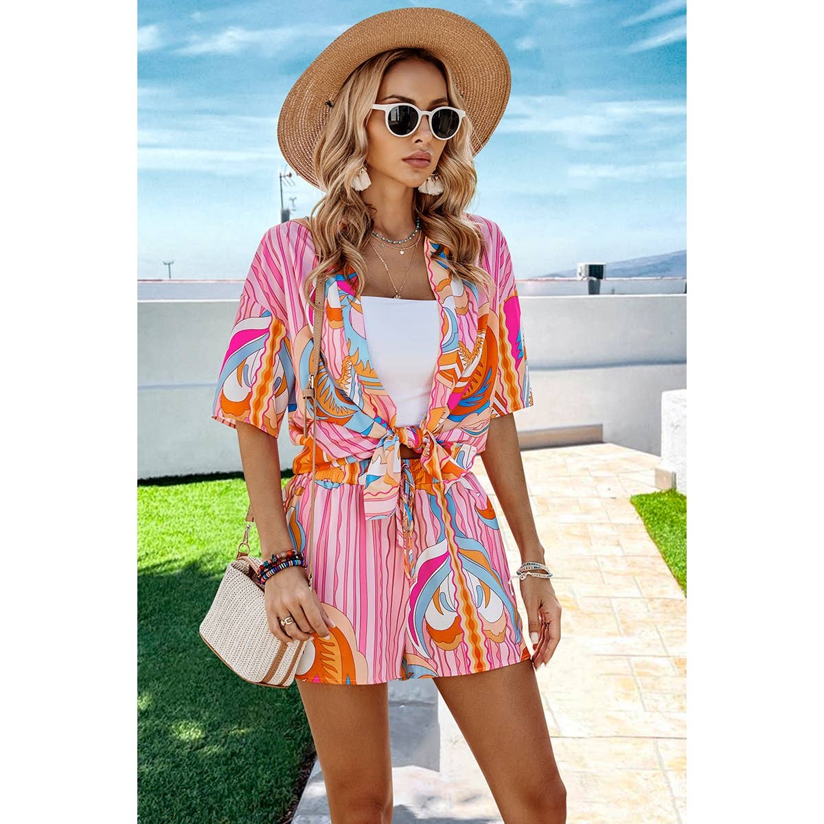 Graphic Print Drop Shoulder Blouse Tie Front Shorts: PINK / M