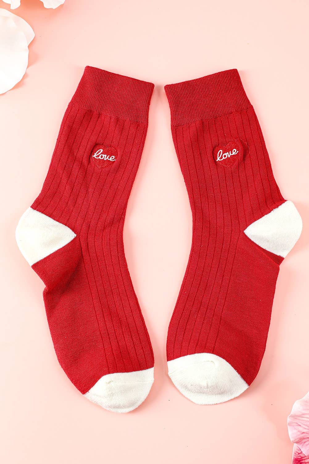 Love Embroidered Ribbed Color Block Crew Socks: Racing Red / ONE SIZE