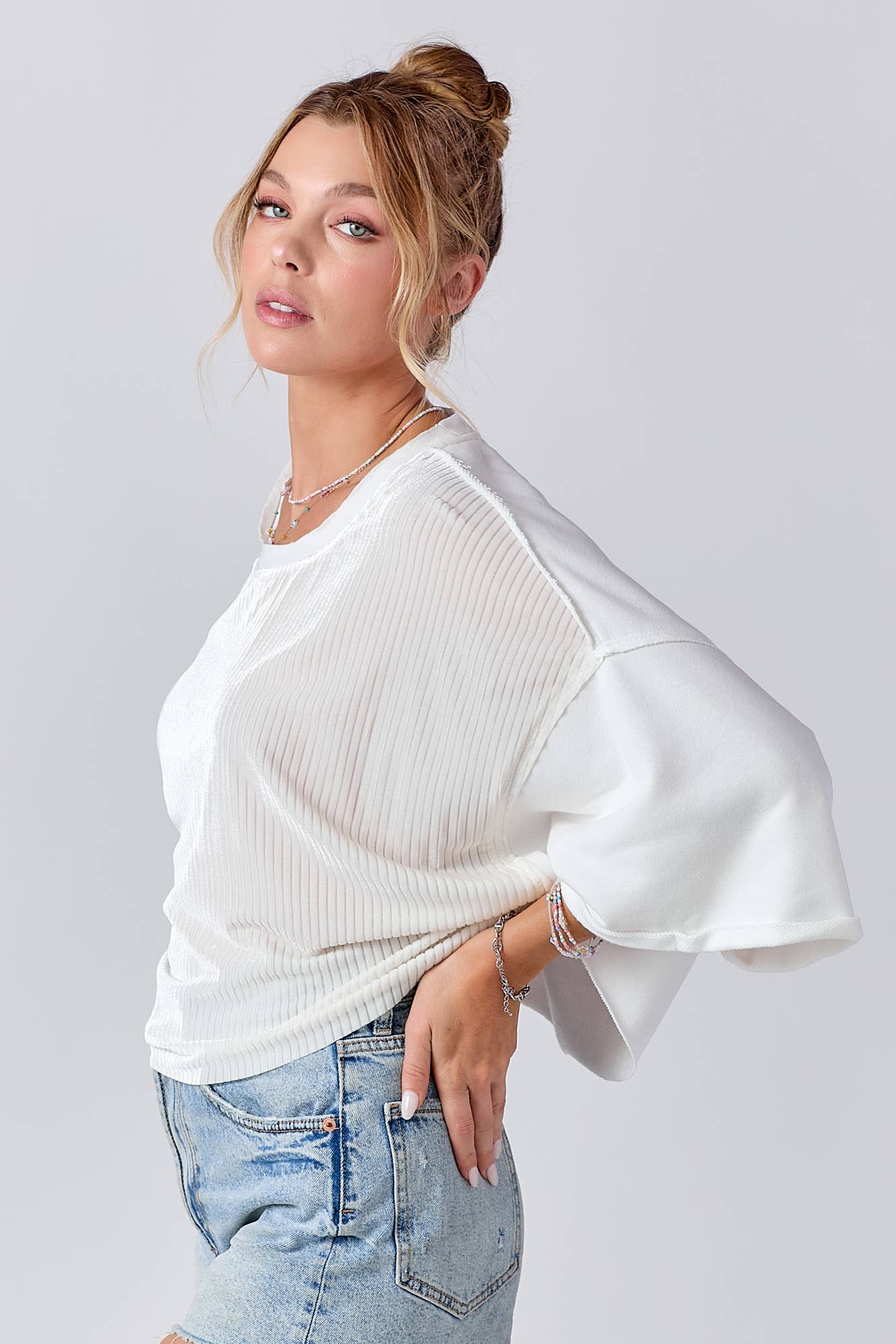 Mixed Fabric Round Neck Knit Top: PINK / S