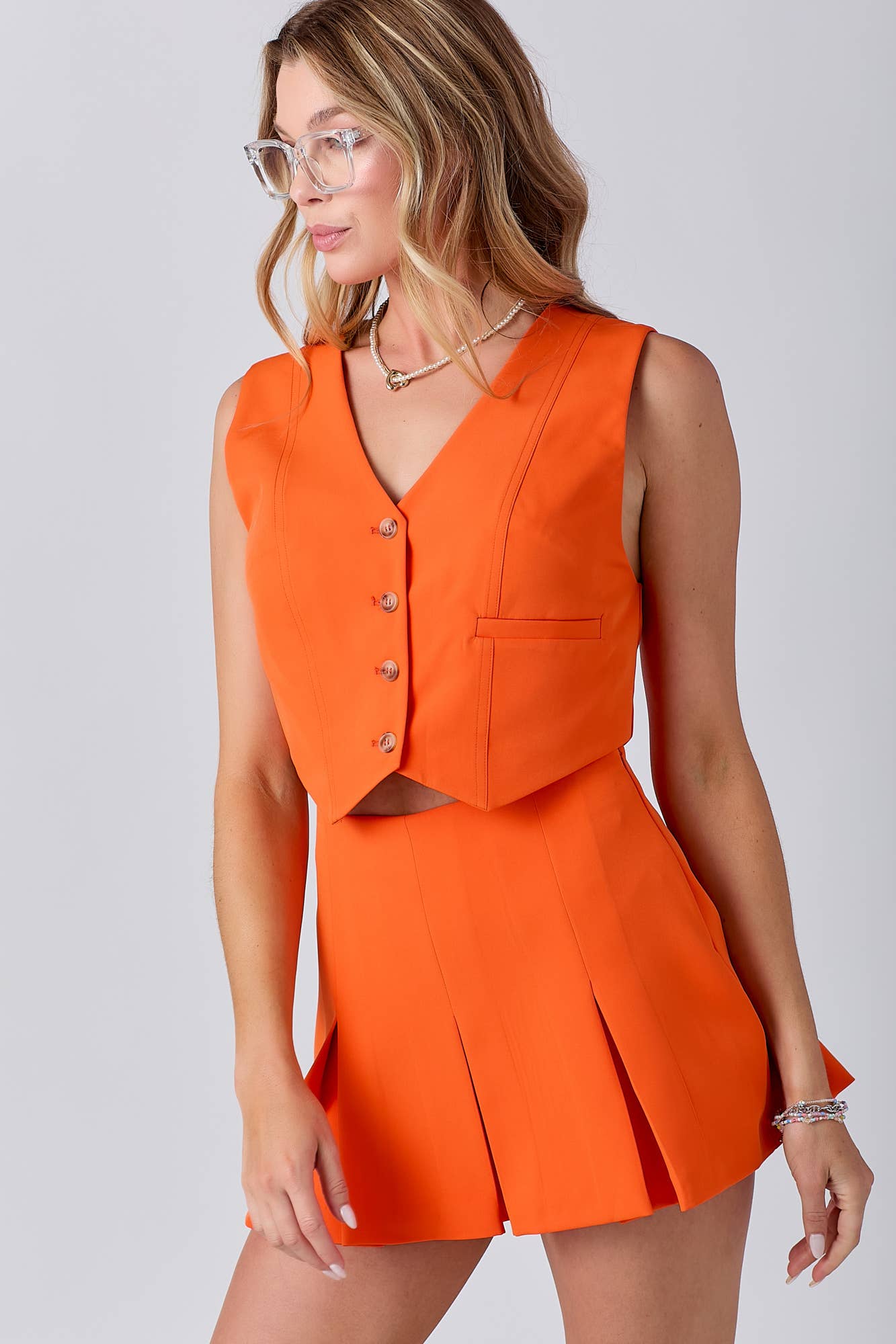 Gameday Front Button Closure Vest pleats Skort Set : RED / M