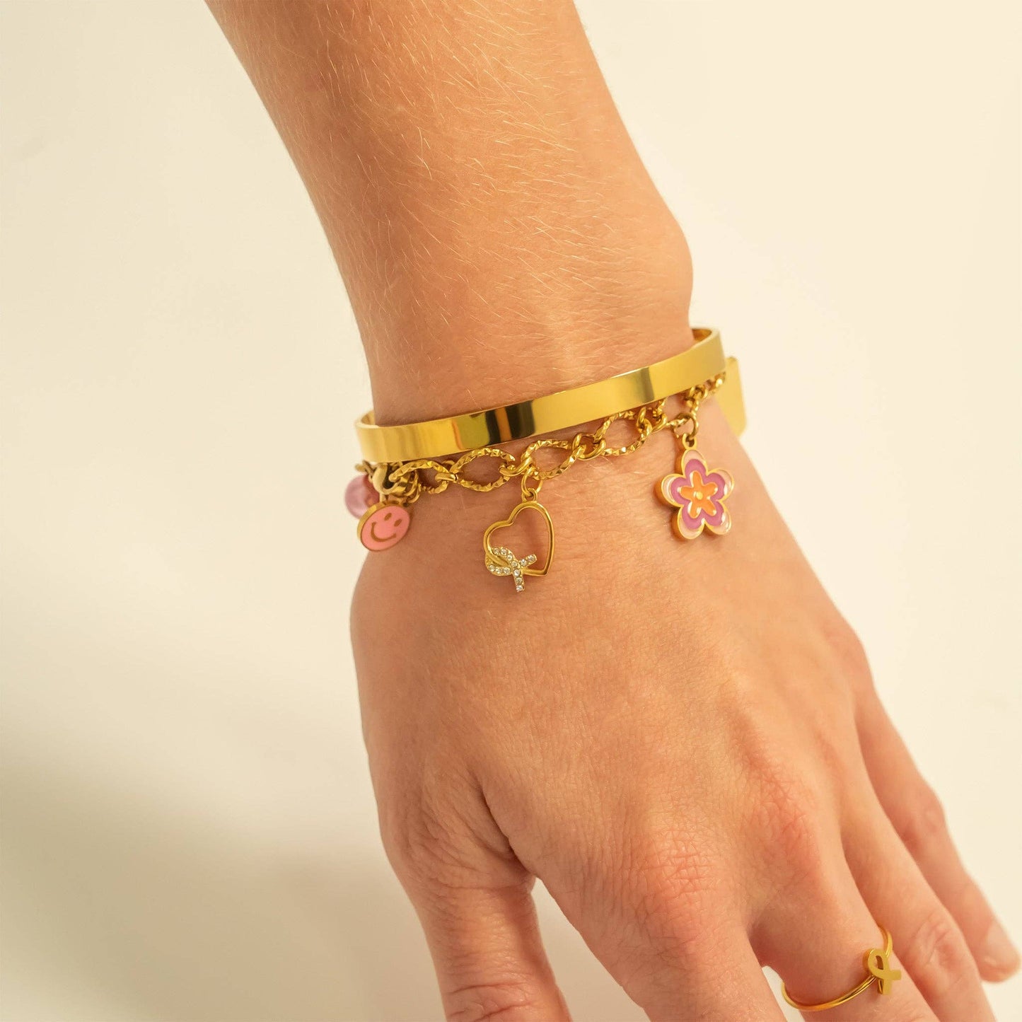 18K Gold PVD Stainless Steel Heart Ribbon with Stones Charm: Gold