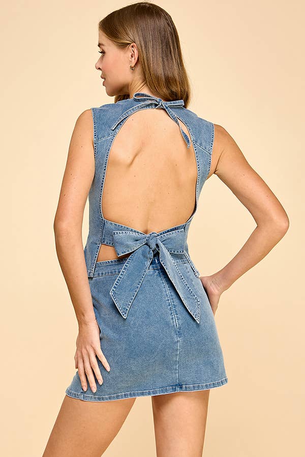 Round neckline open back denim set with back ribbon strap : DENIM / L