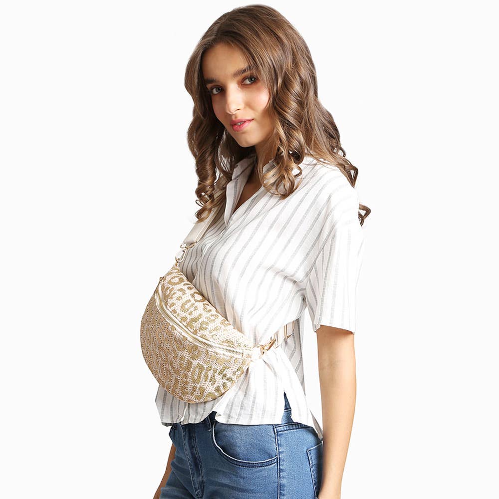 Leopard Pattern Embroidered Crossbody Belt Bag / Fanny Pack: Black