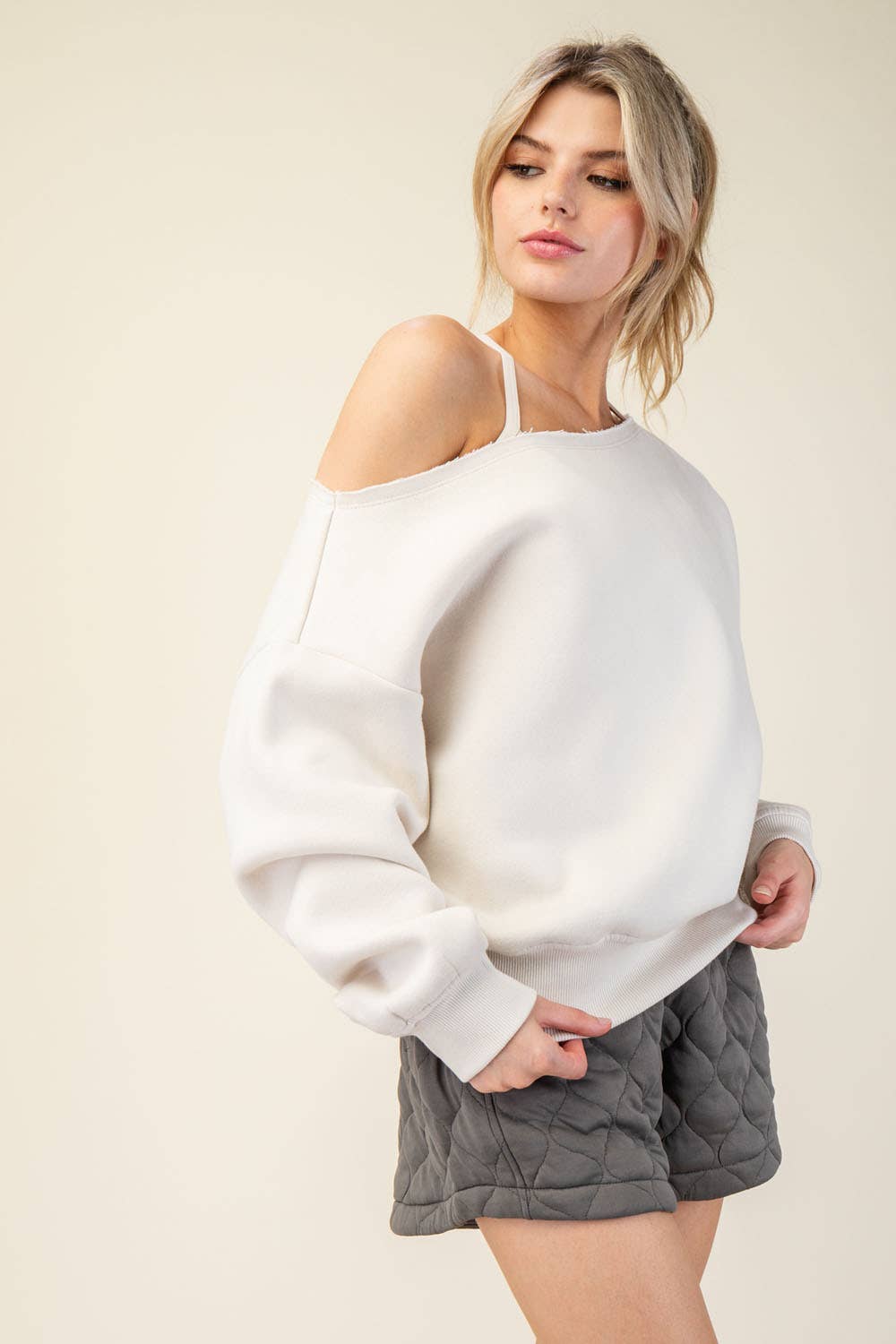 FRENCH TERRY FLEECE OFF SHOULDER SWEATSHIRT: Eucalyptus / S-M-L(2-2-2)