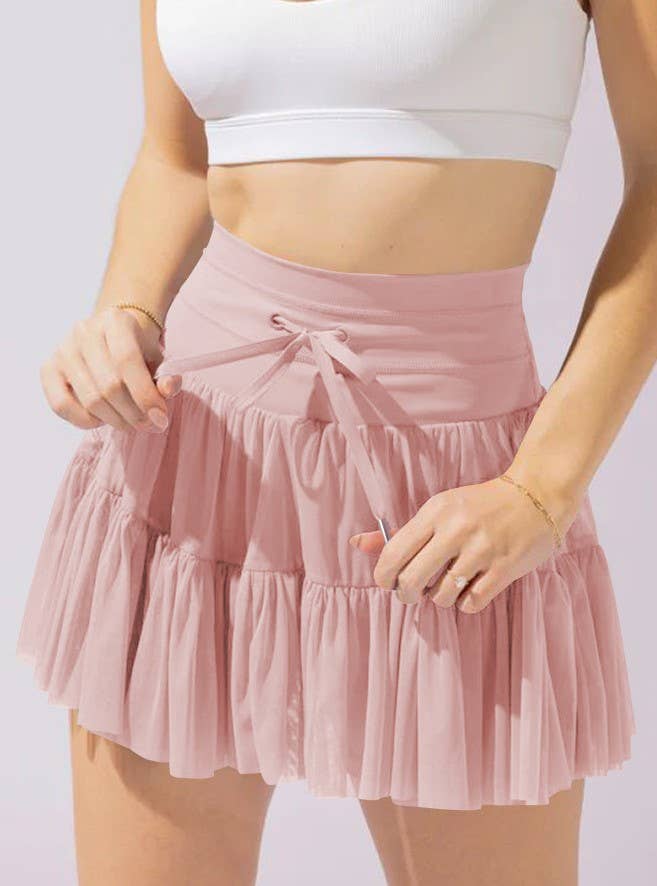 High-Waisted Lace-Up Panelled Pleated Skirt: Apricot / L