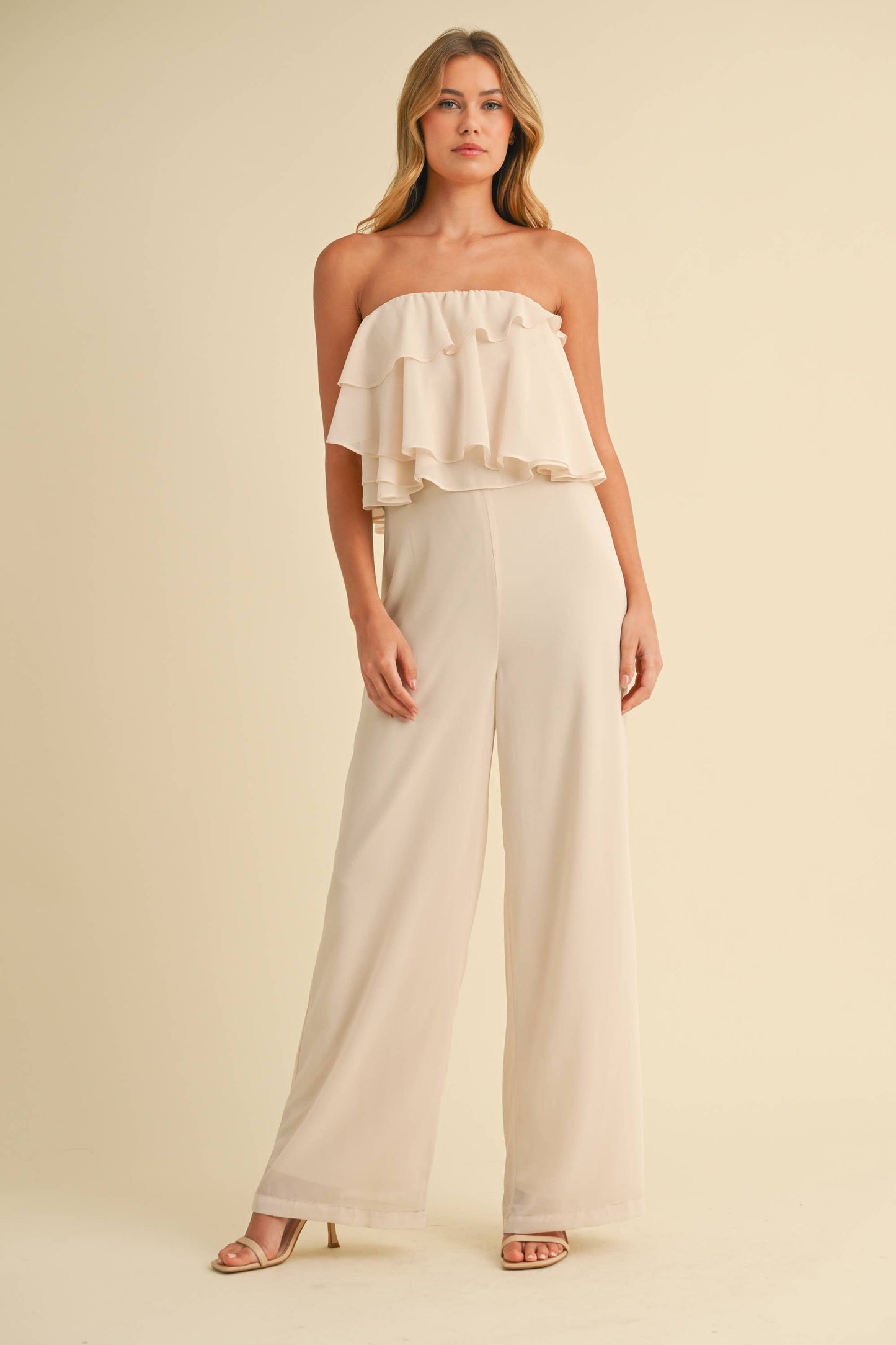 IJP3029 CHIFFON RUFFLES TUBE JUMPSUIT: CREAM / L