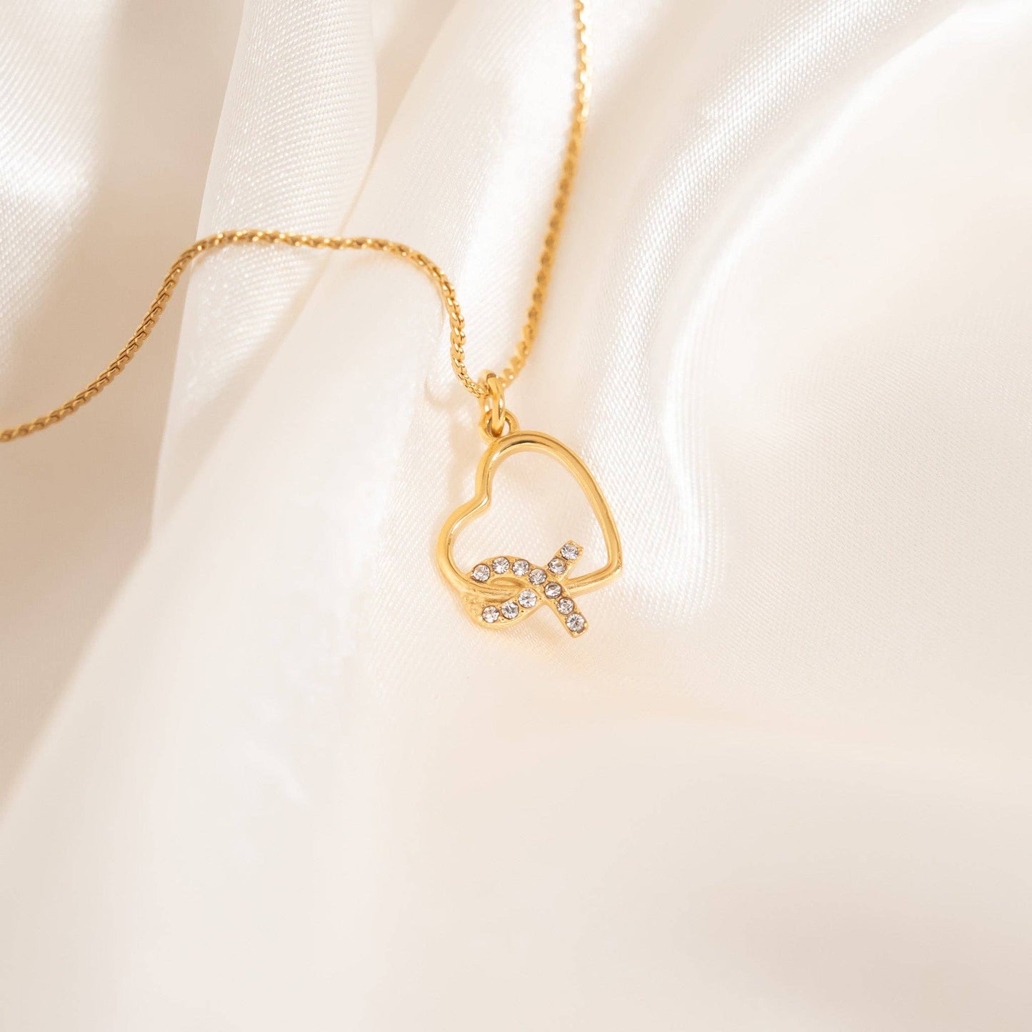 18K Gold PVD Stainless Steel Heart Ribbon with Stones Charm: Gold