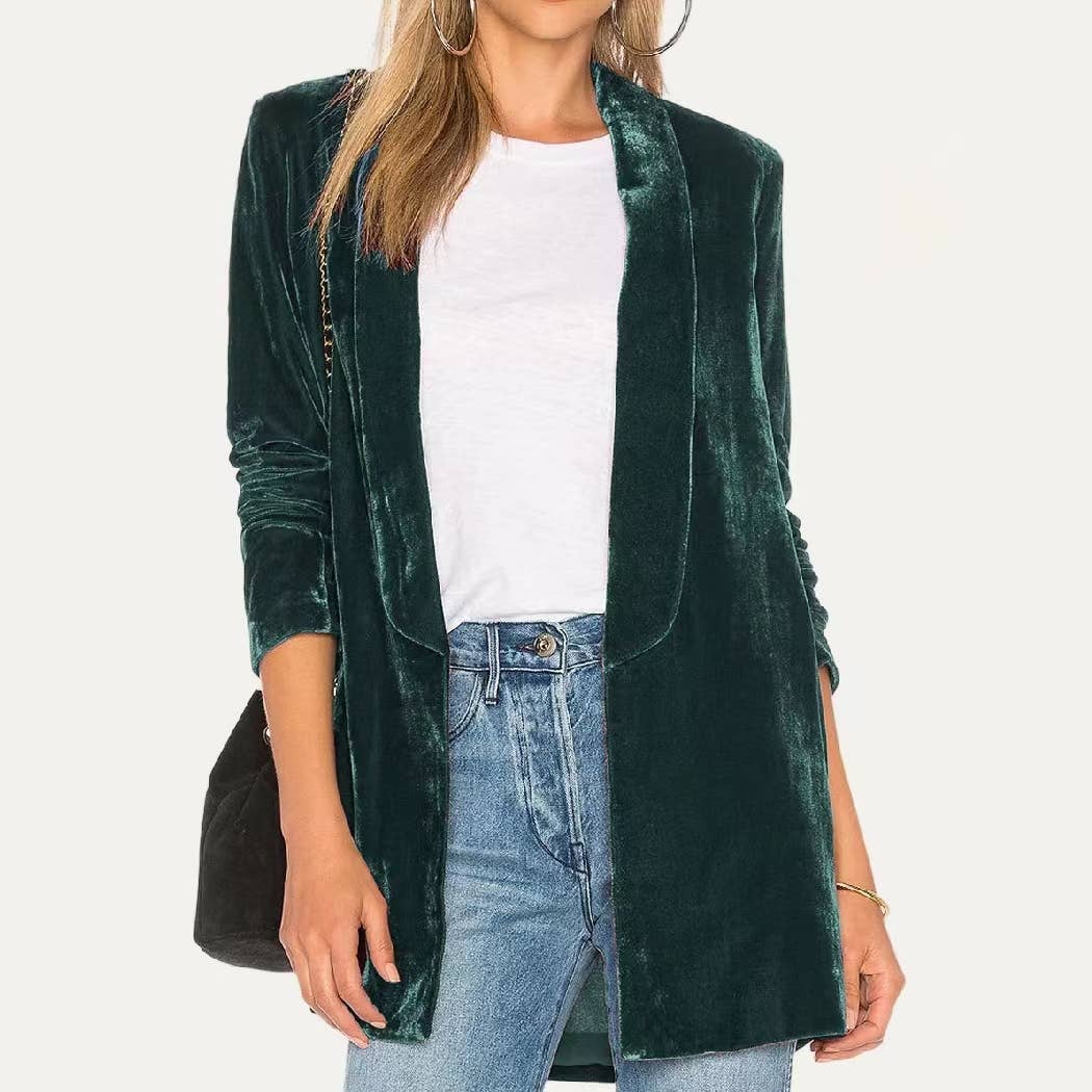 Trendy Velvet Solid Open Front Lightweight Blazer: Dark Red / 2XL