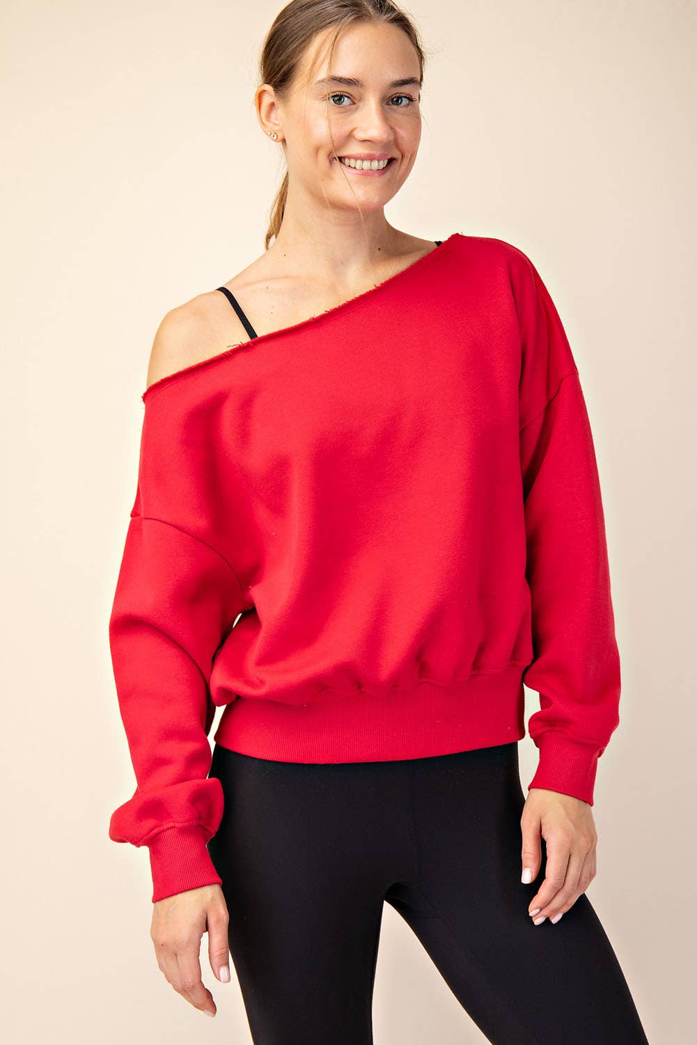 FRENCH TERRY FLEECE OFF SHOULDER SWEATSHIRT: Eucalyptus / S-M-L(2-2-2)