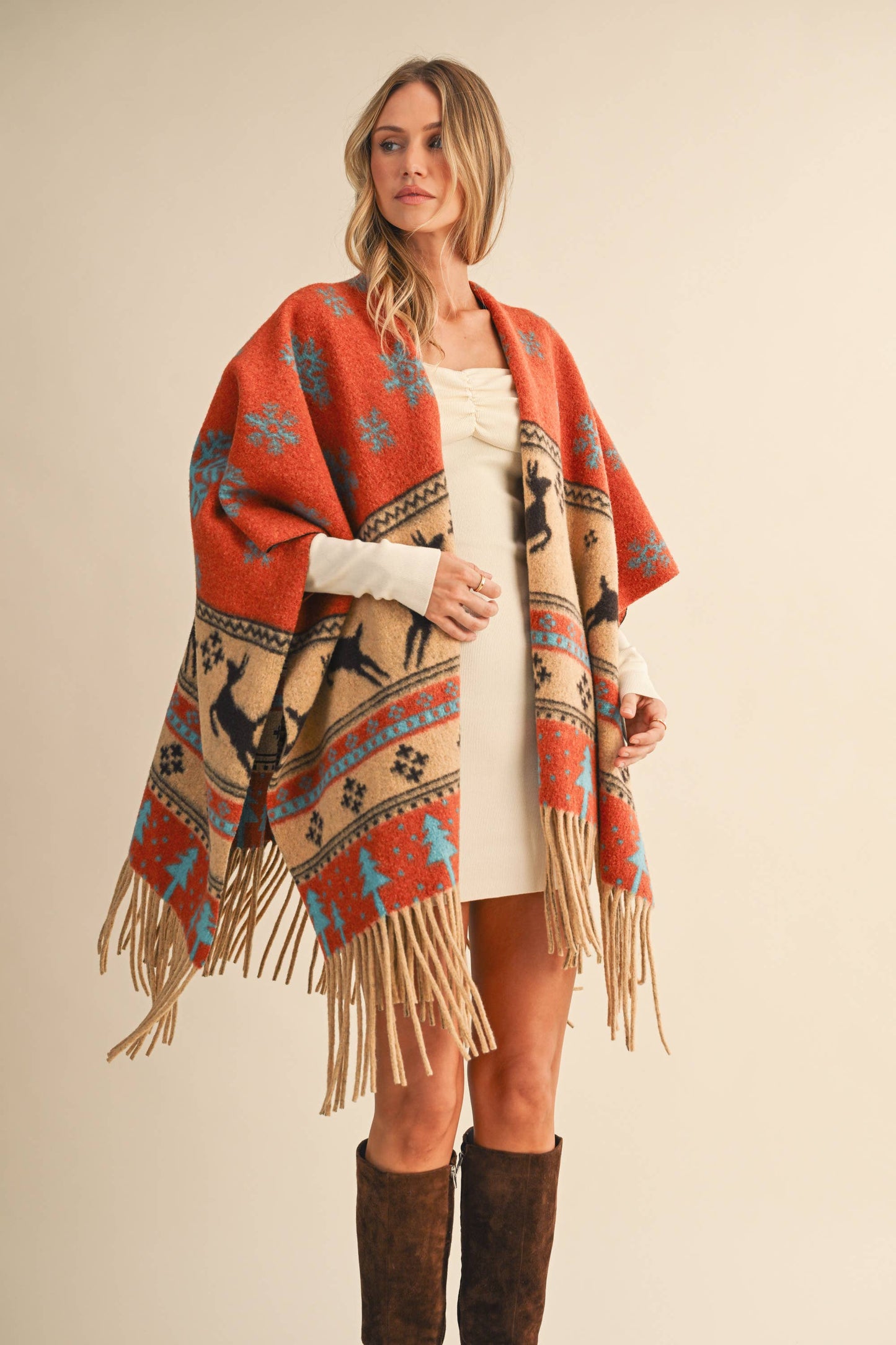 IJ1662 PRINTED FRINGED OVERSIZED CAPE: RUST / One Size
