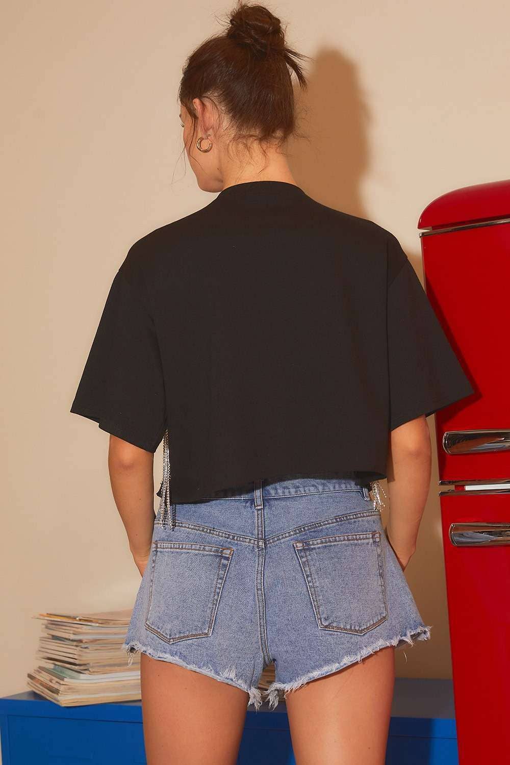 Color Stone Trim Denim Short: DENIM / S