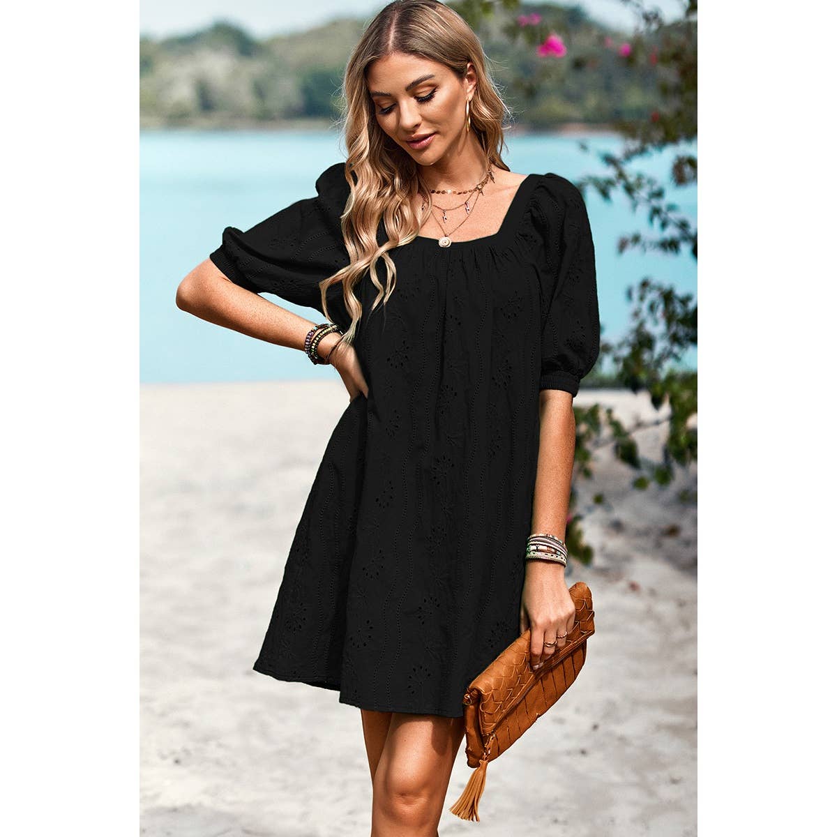 Square Neck Short Bubble Sleeve Babydoll Dress: WHITE / XL