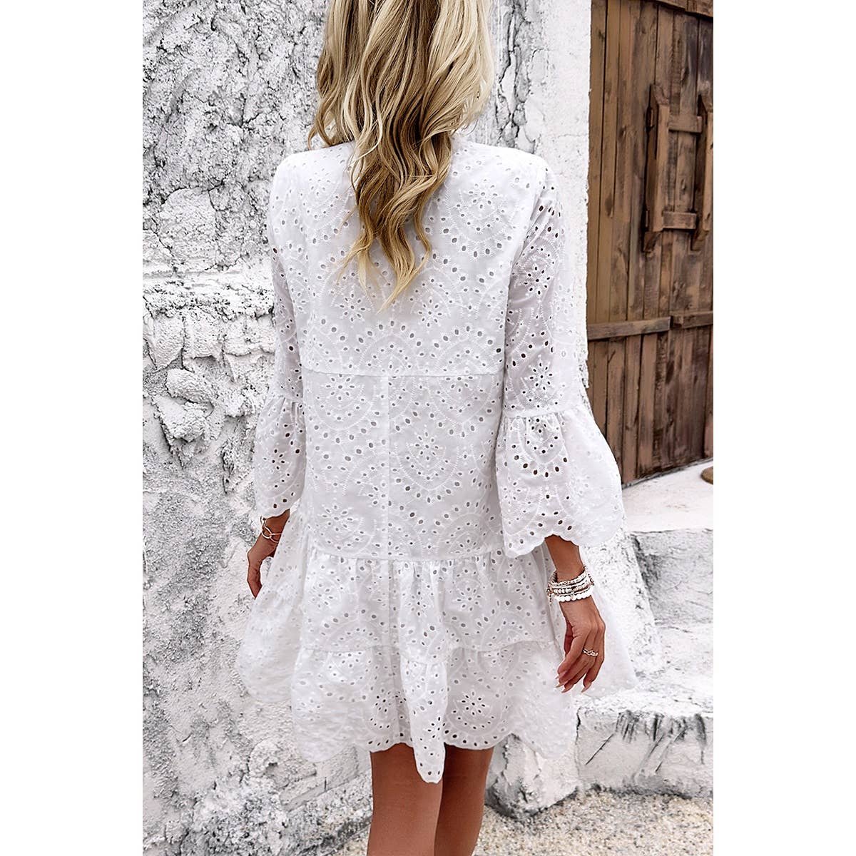 V Neck Button Flared Sleeves Hollow Out Lace Dress: WHITE / S
