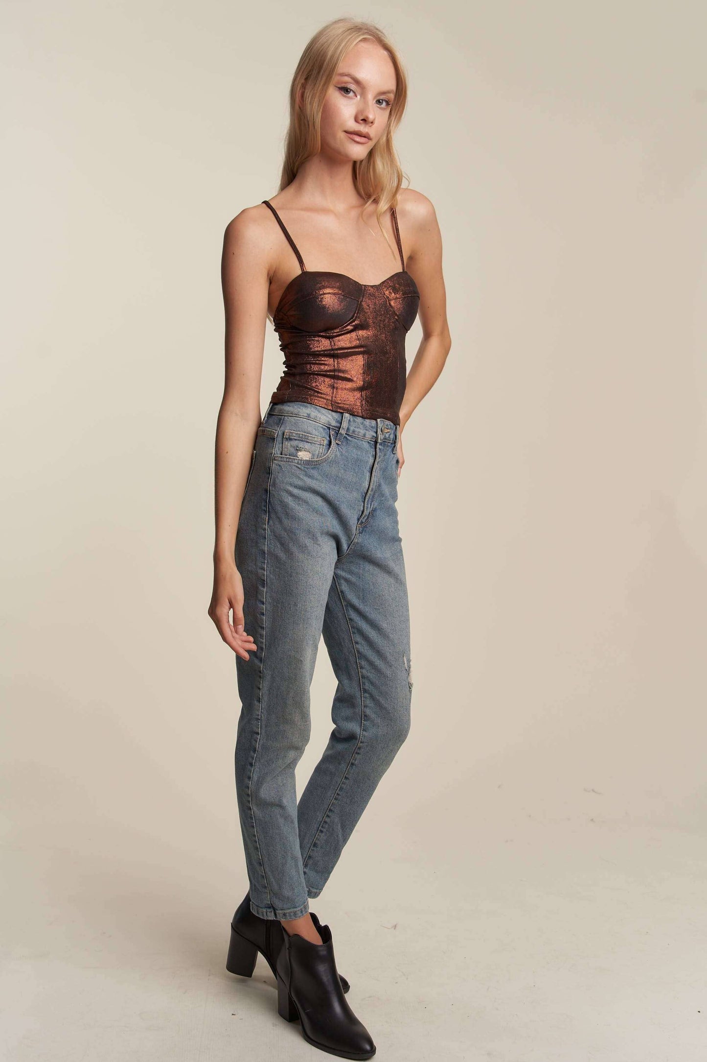 FOILED CAMI CORSET TOP WITH SPAGHETTI STRAP: COPPER / L