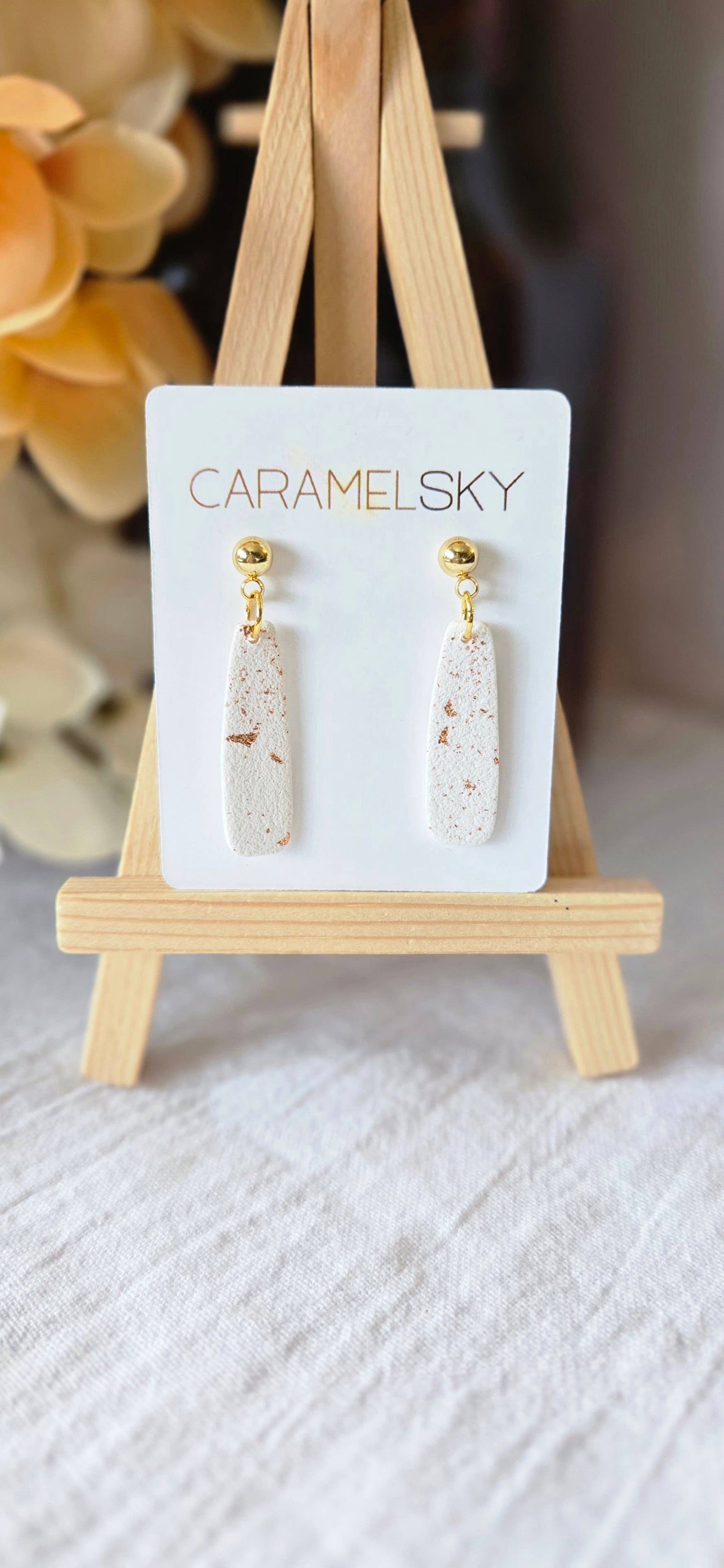 White Clay Dangle Earrings with Gold Leaf