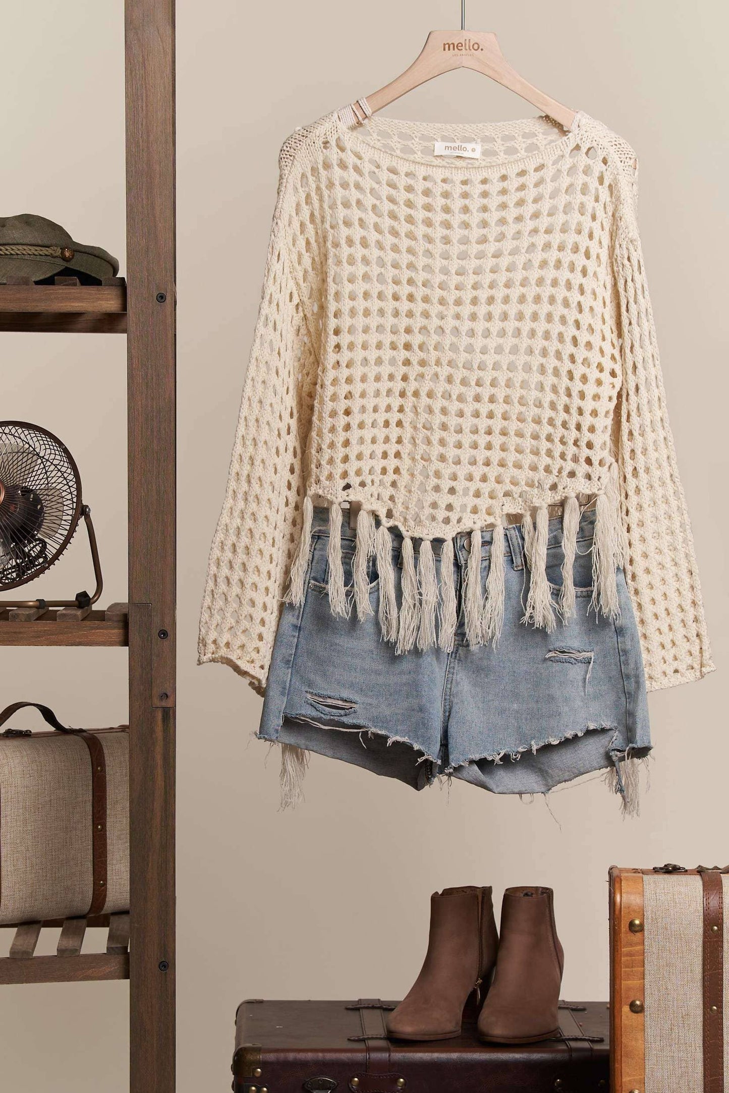 Boat Neck Fishnet Sweater with Fringe detail: Cream / M