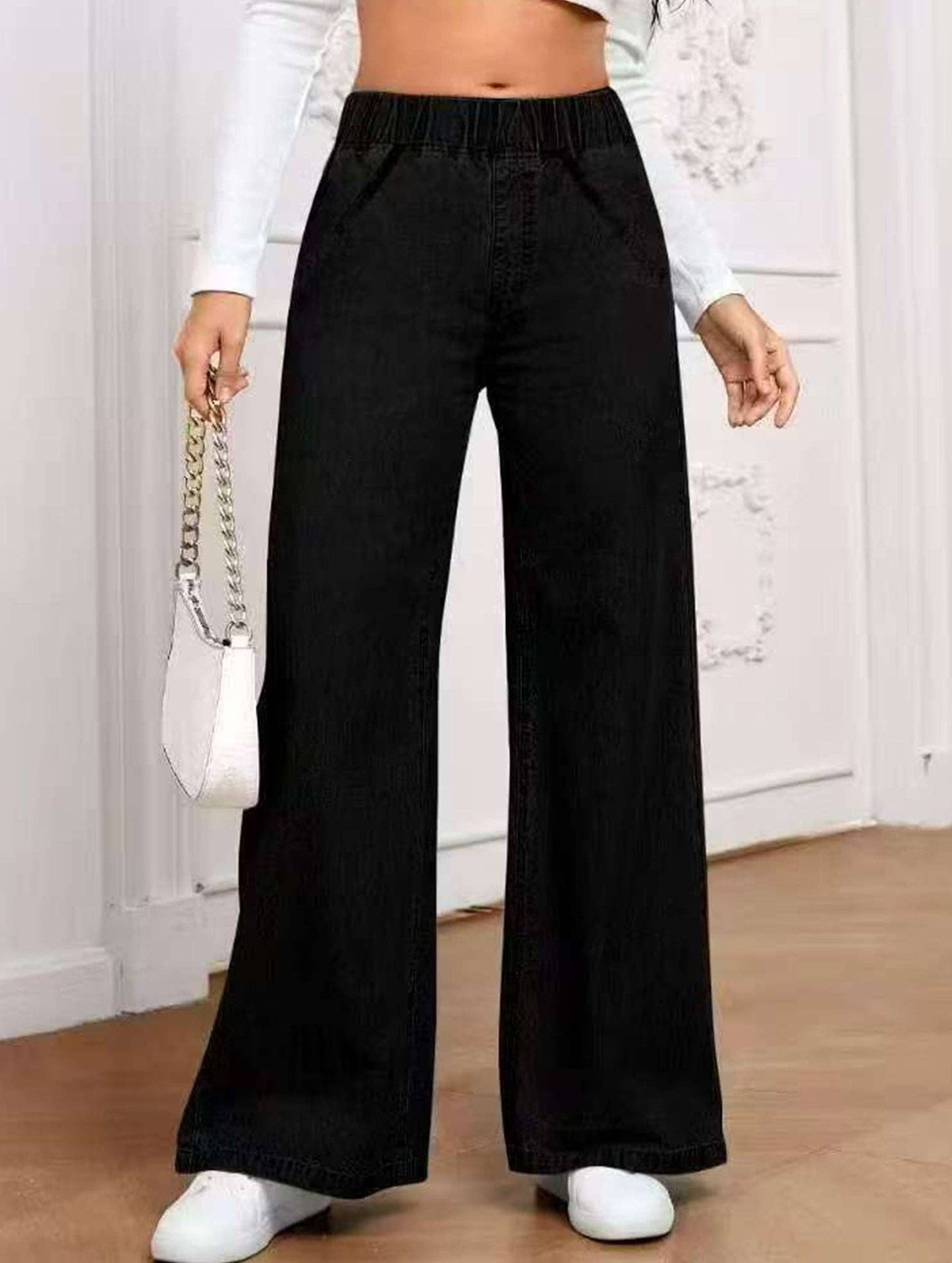 Wide-leg plus-size elastic waist jeans: DARKBLUE / (S) 1