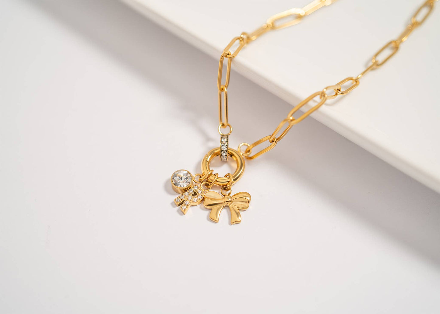 18K Gold PVD Paperclip Rhinestone Charm Holder Necklace: Gold