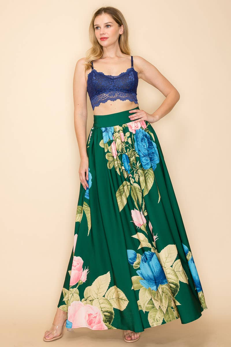 PRINTED MAXI SKIRT WITH POCKETS  : Green