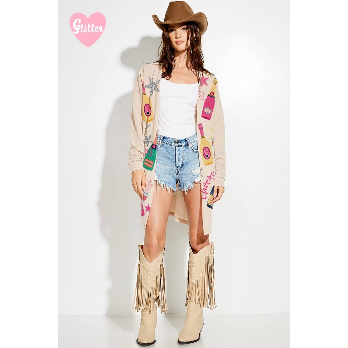 Holiday Cheers Glitter print Knit Cardigan: KHAKI / S