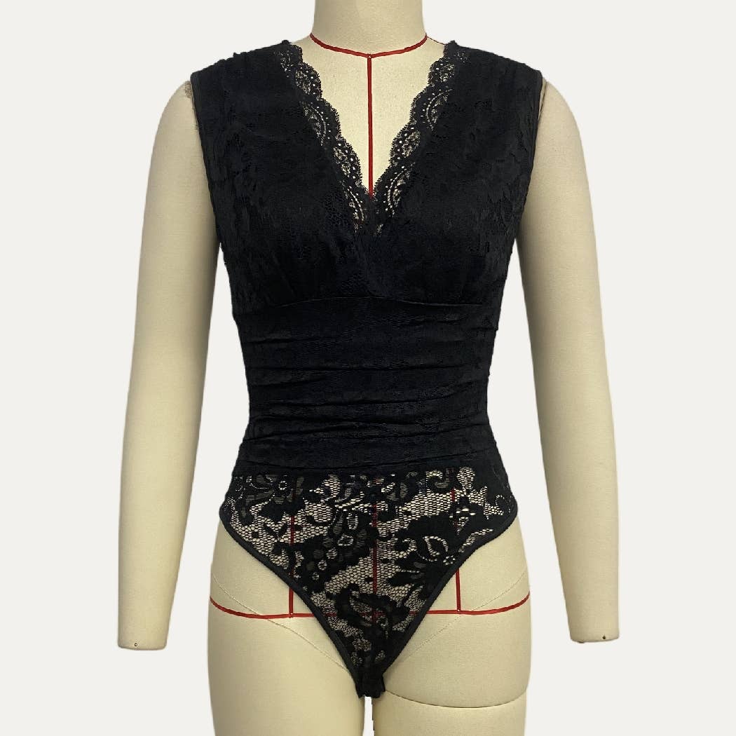 Catch Up Soft Floral Lace Sheer Sleeveless Bodysuit: Burgundy / L