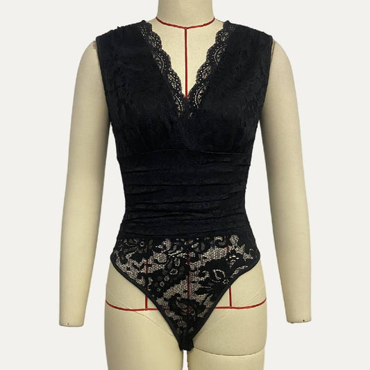 Catch Up Soft Floral Lace Sheer Sleeveless Bodysuit: Black / M