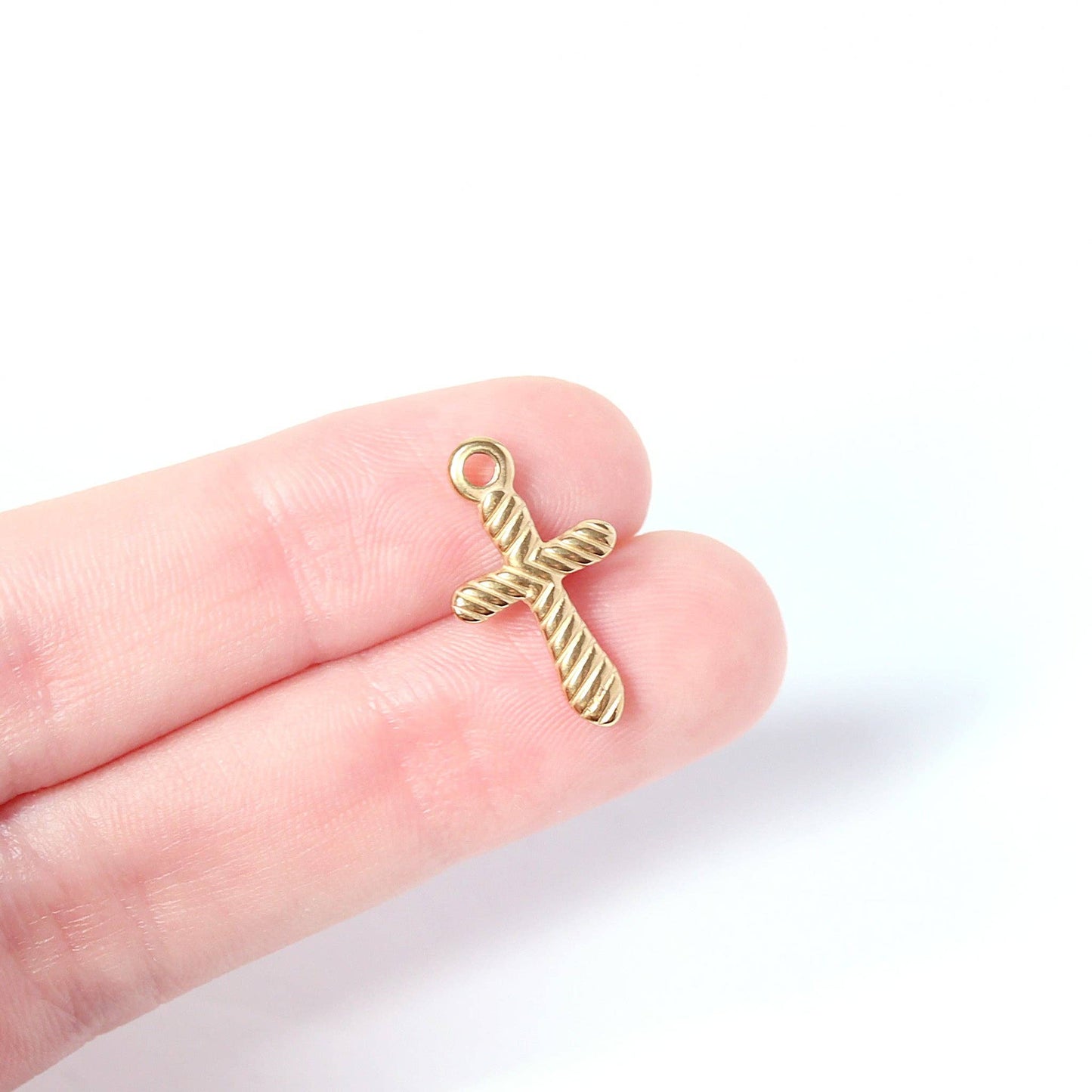 18K Gold PVD Stainless Steel Textured Cross Charm: Stainless