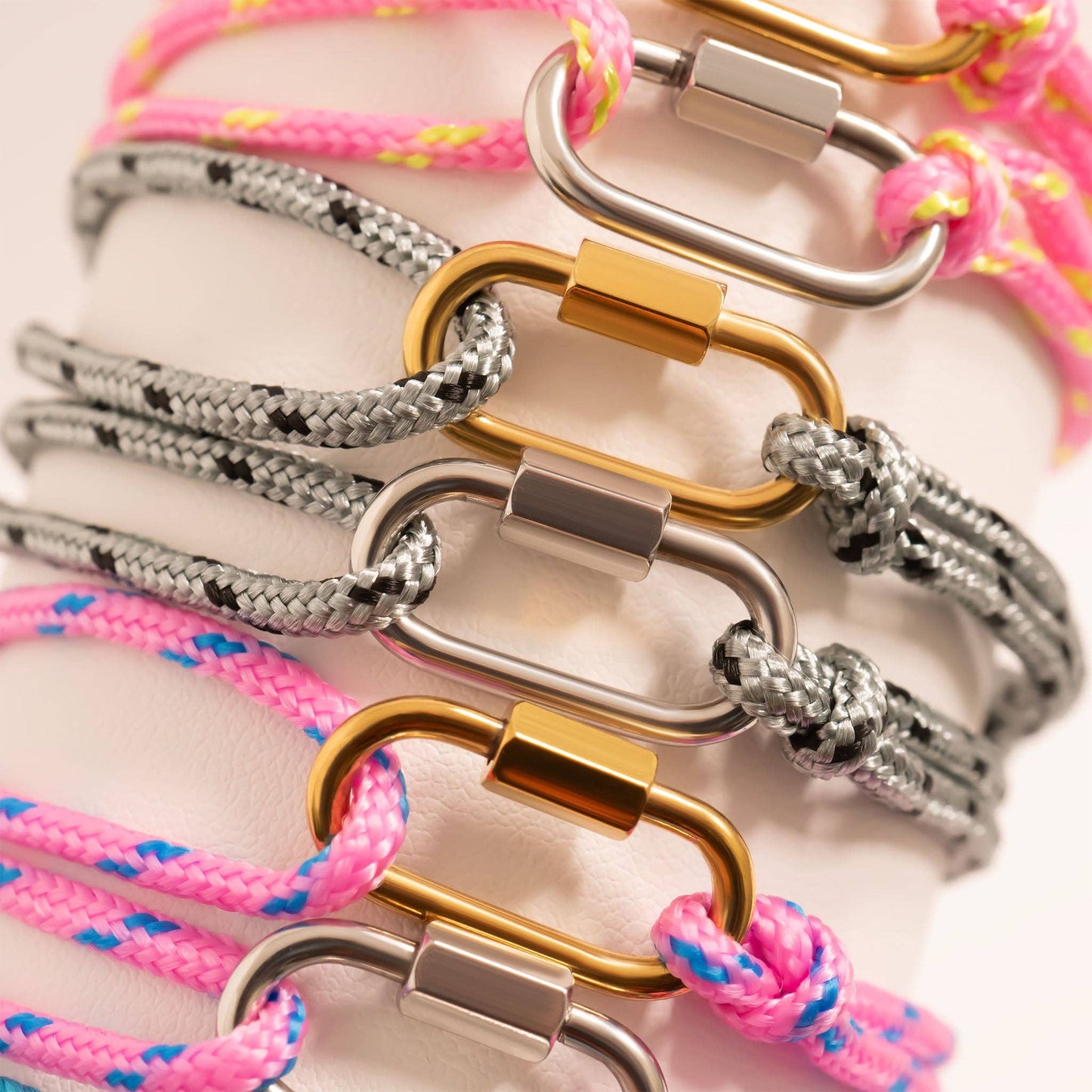 18K Gold PVD Stainless Steel Teal Rope Carabiner Bracelet: Gold