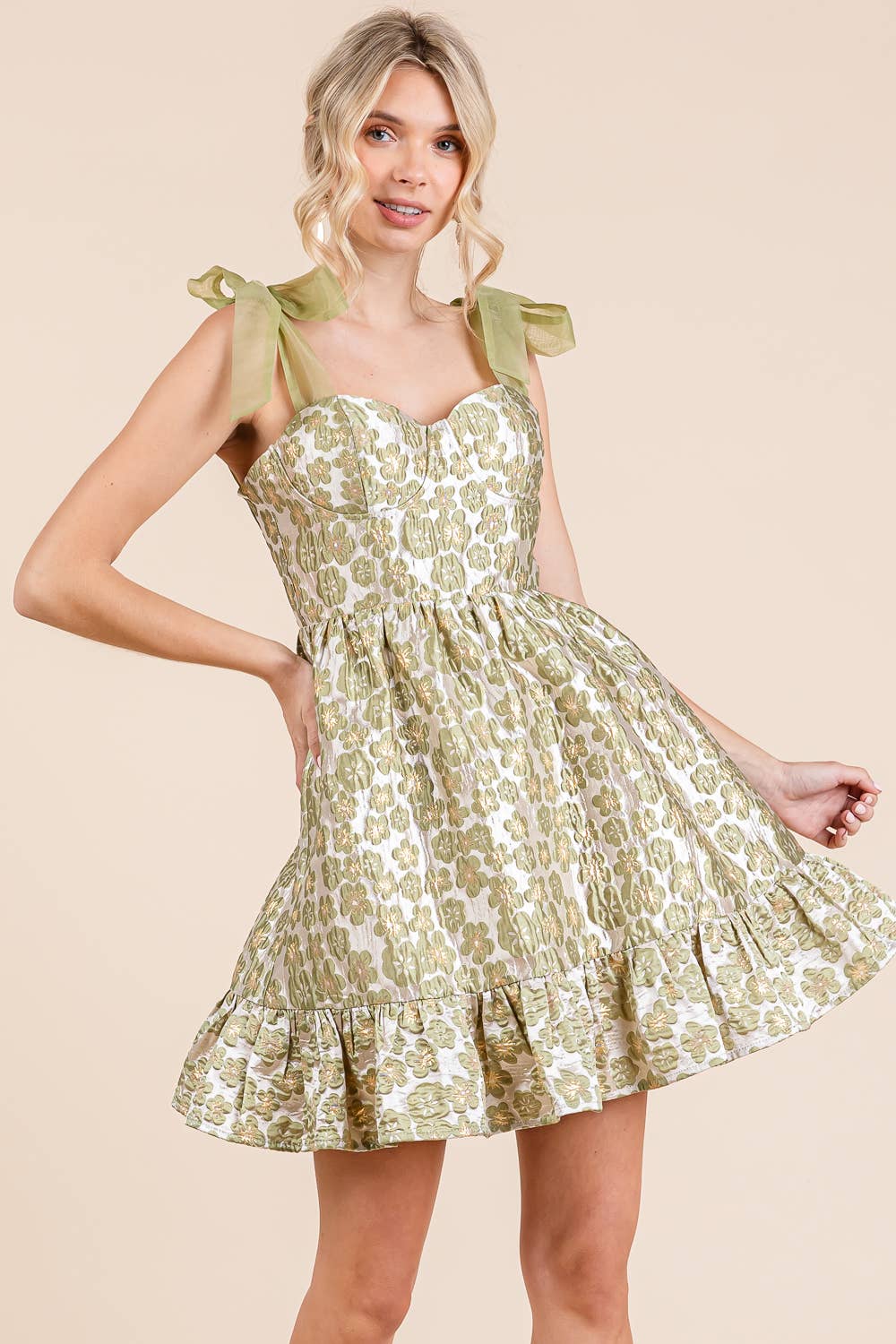 Floral Jacquard Tiered Mini Sundress, MD51647: Sage / L