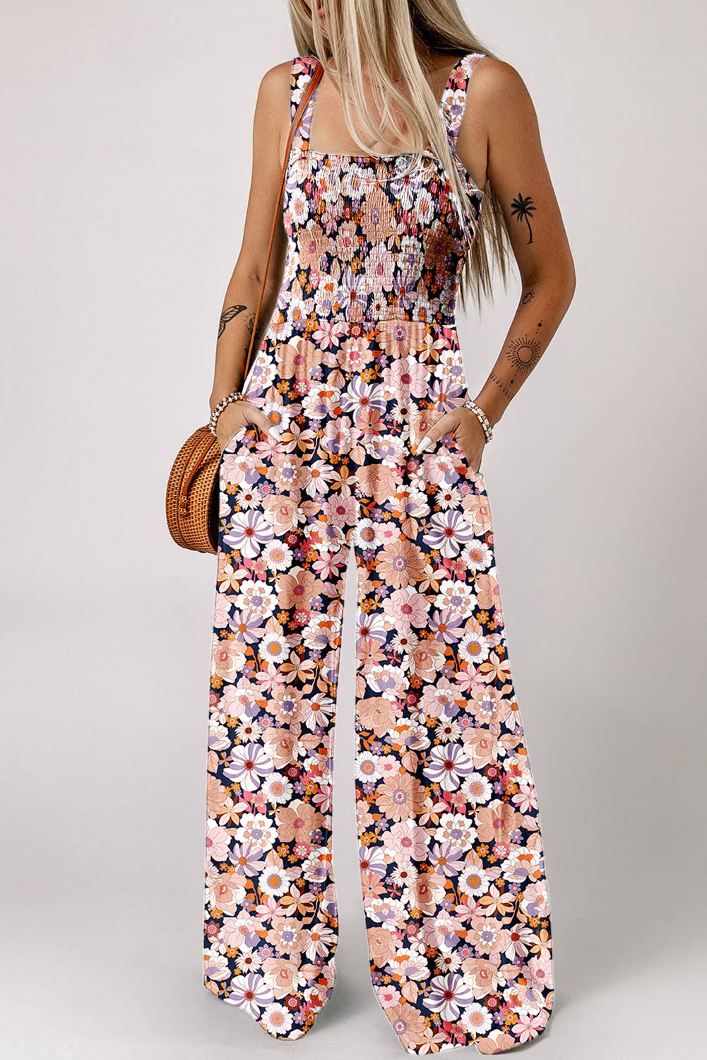 Floral Print Smocked High Waist Fashion Jumpsuit | S-XL: Green / Missy / L