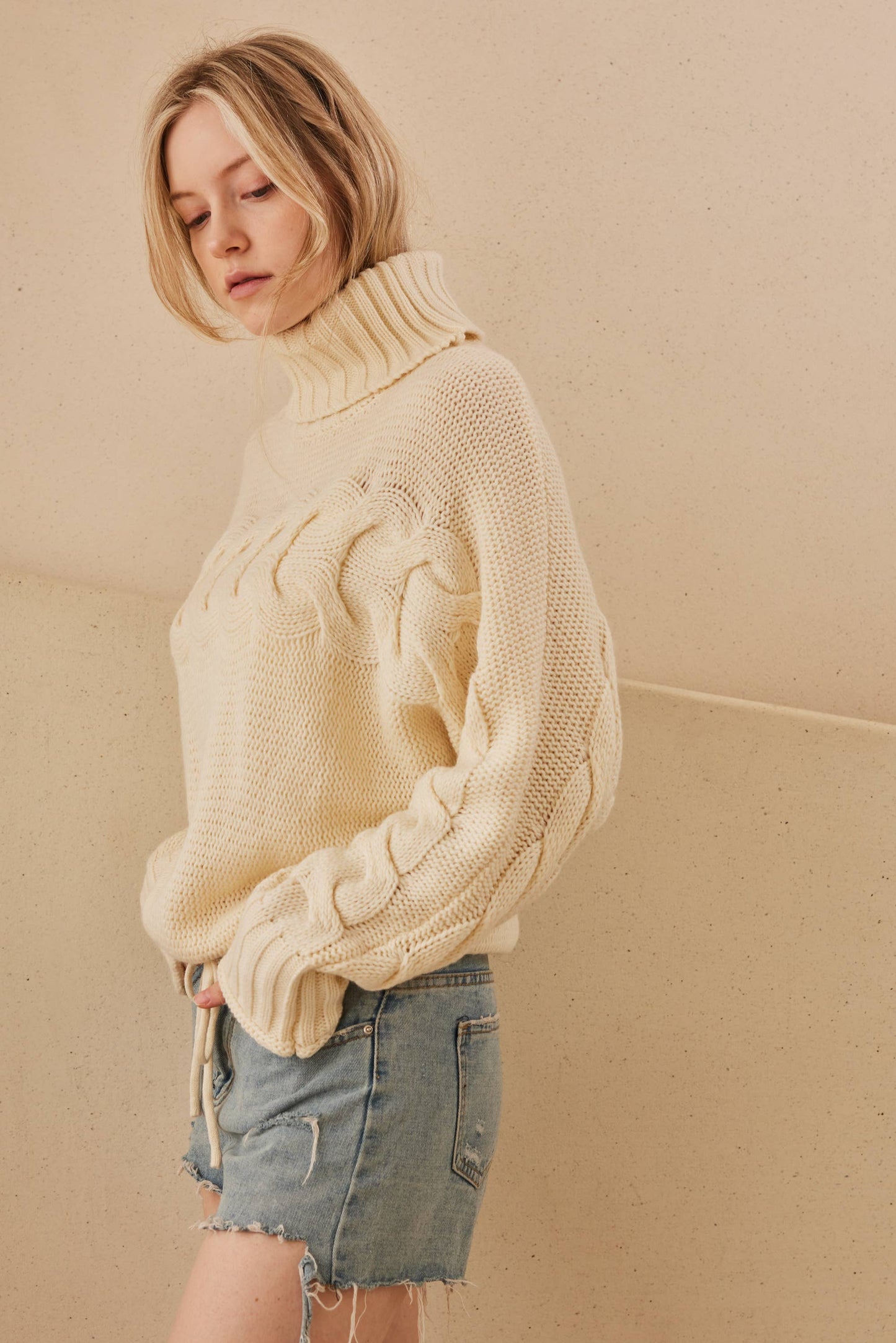 Turtle Neck Cropped Knit Sweater: Ivory / S