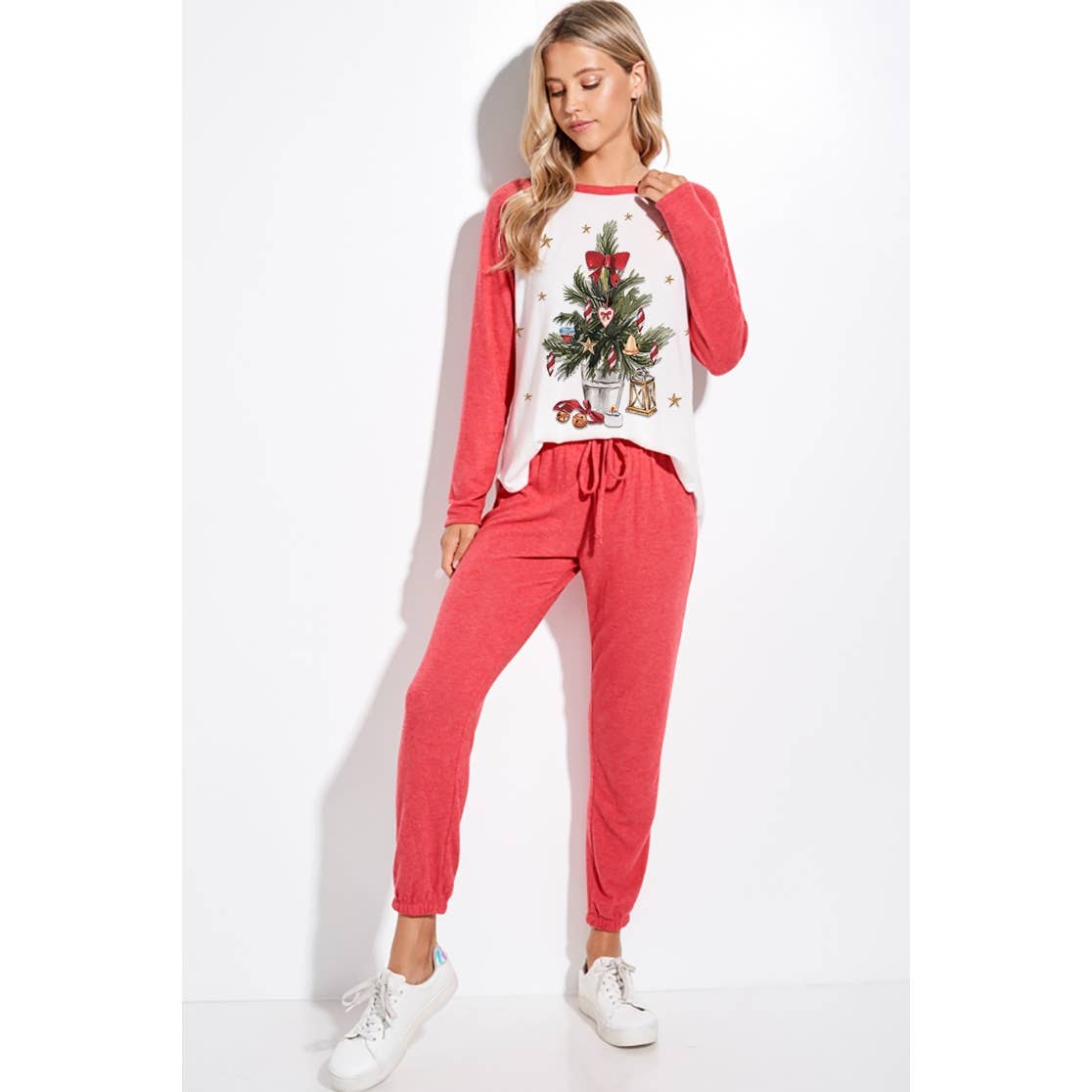 Christmas tree print raglan lounge wear set : RUST / S